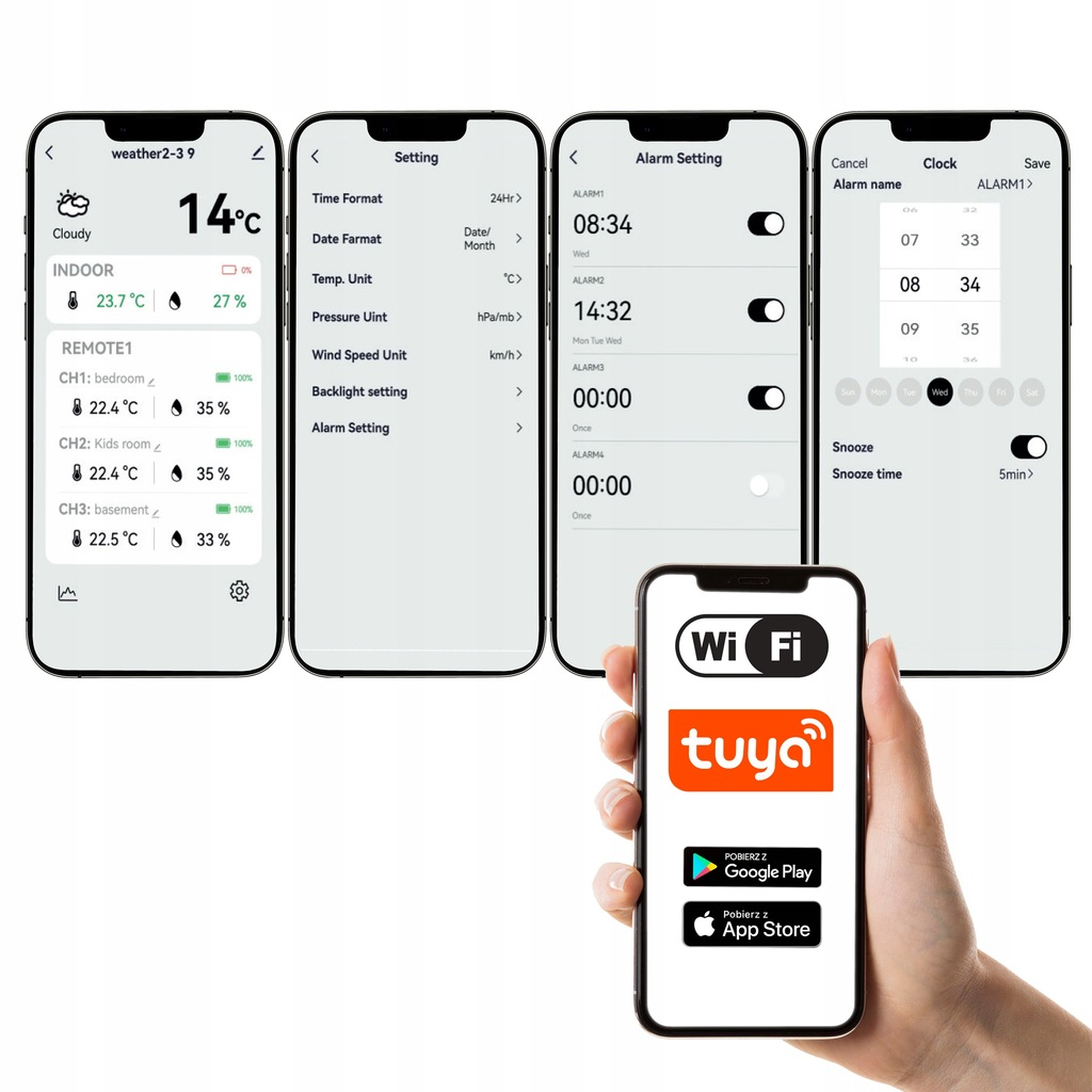 Ręka trzymająca telefon wyświetla aplikację Tuya z logo Wi-Fi i różne ustawienia aplikacji na innych telefonach.