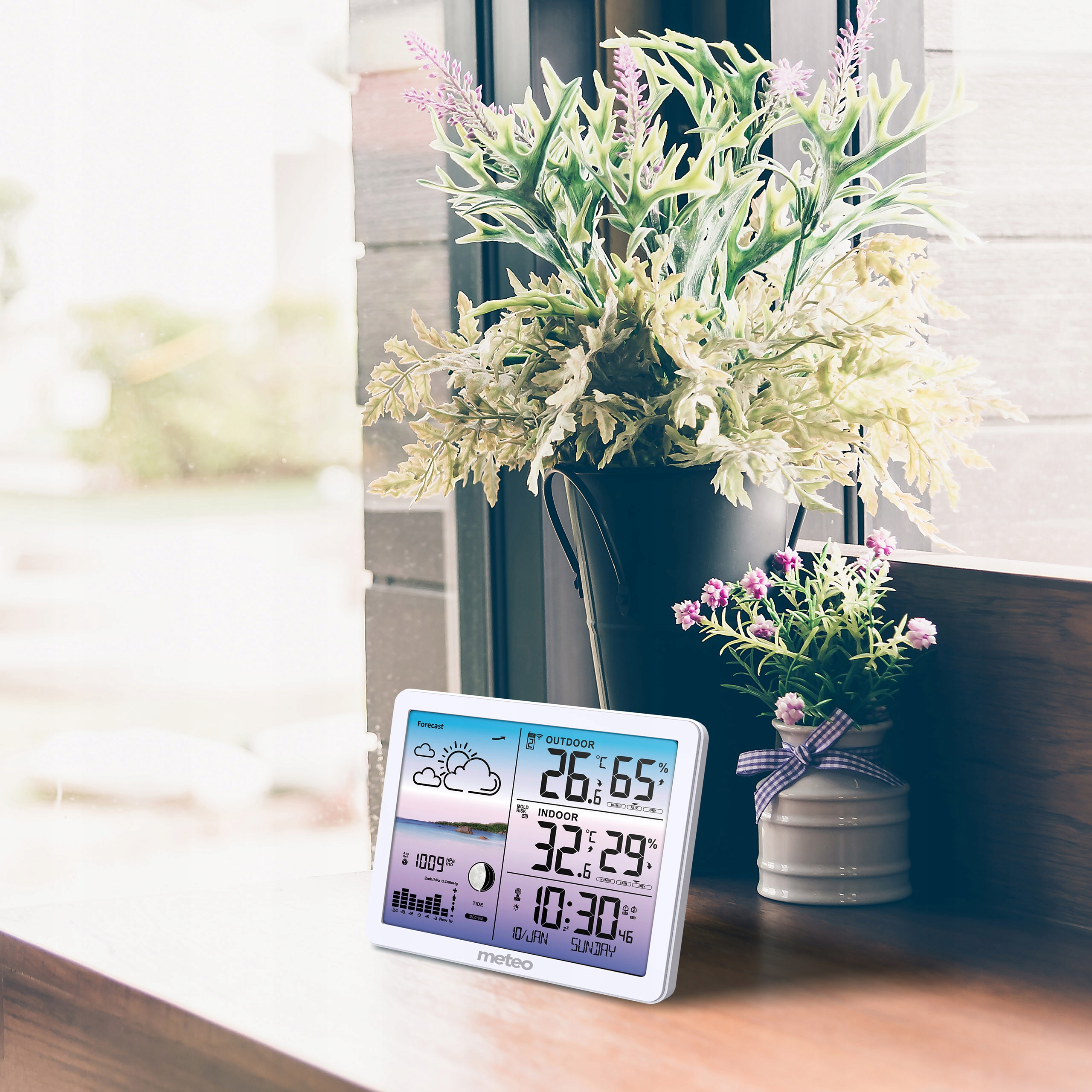 Stacja pogodowa wyświetla temperaturę zewnętrzną i wewnętrzną, czas i datę. W pobliżu rośliny w wiadrze i wazonie.