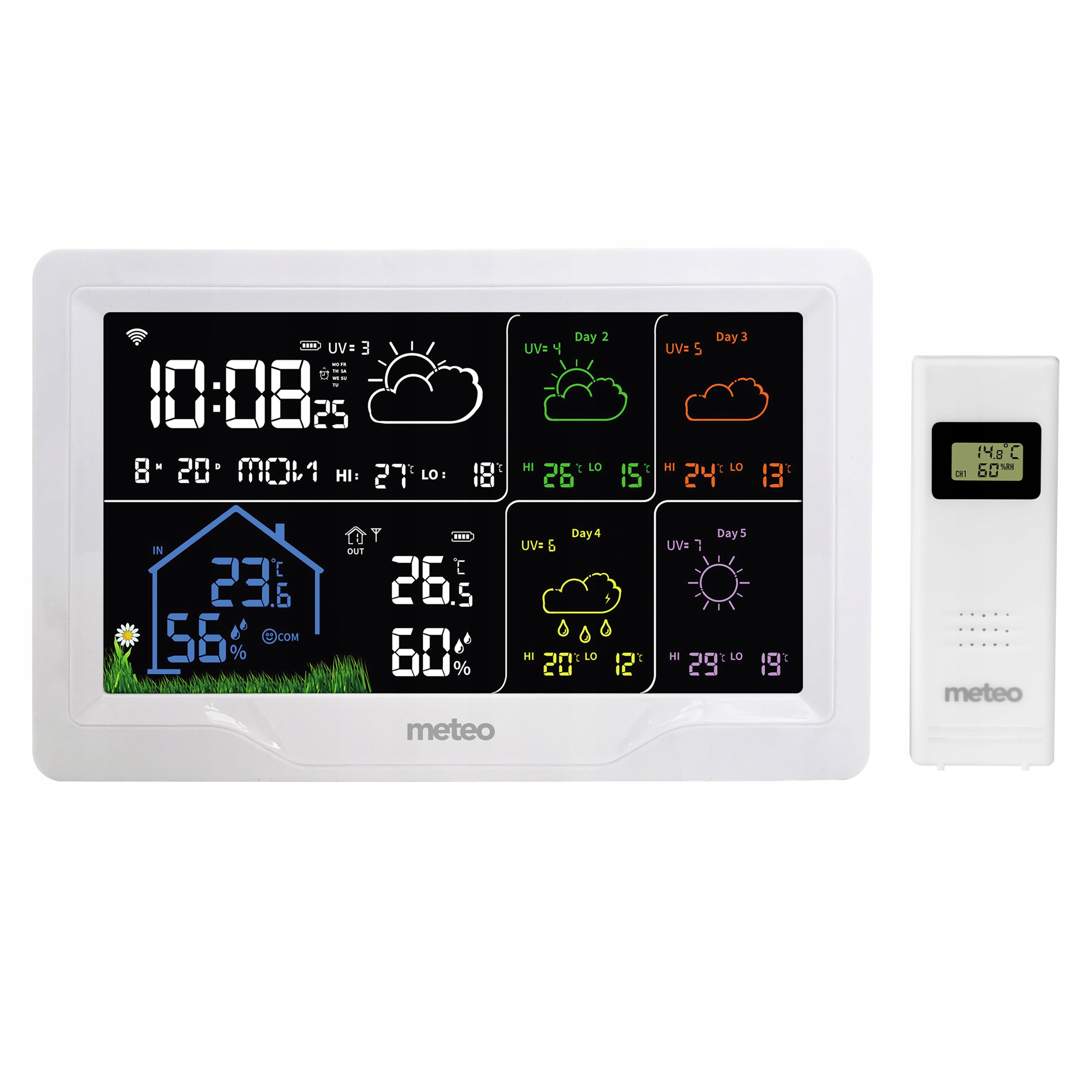 Biała stacja pogodowa wyświetla godzinę, datę i prognozy pogody. Po prawej stronie znajduje się osobny biały czujnik.