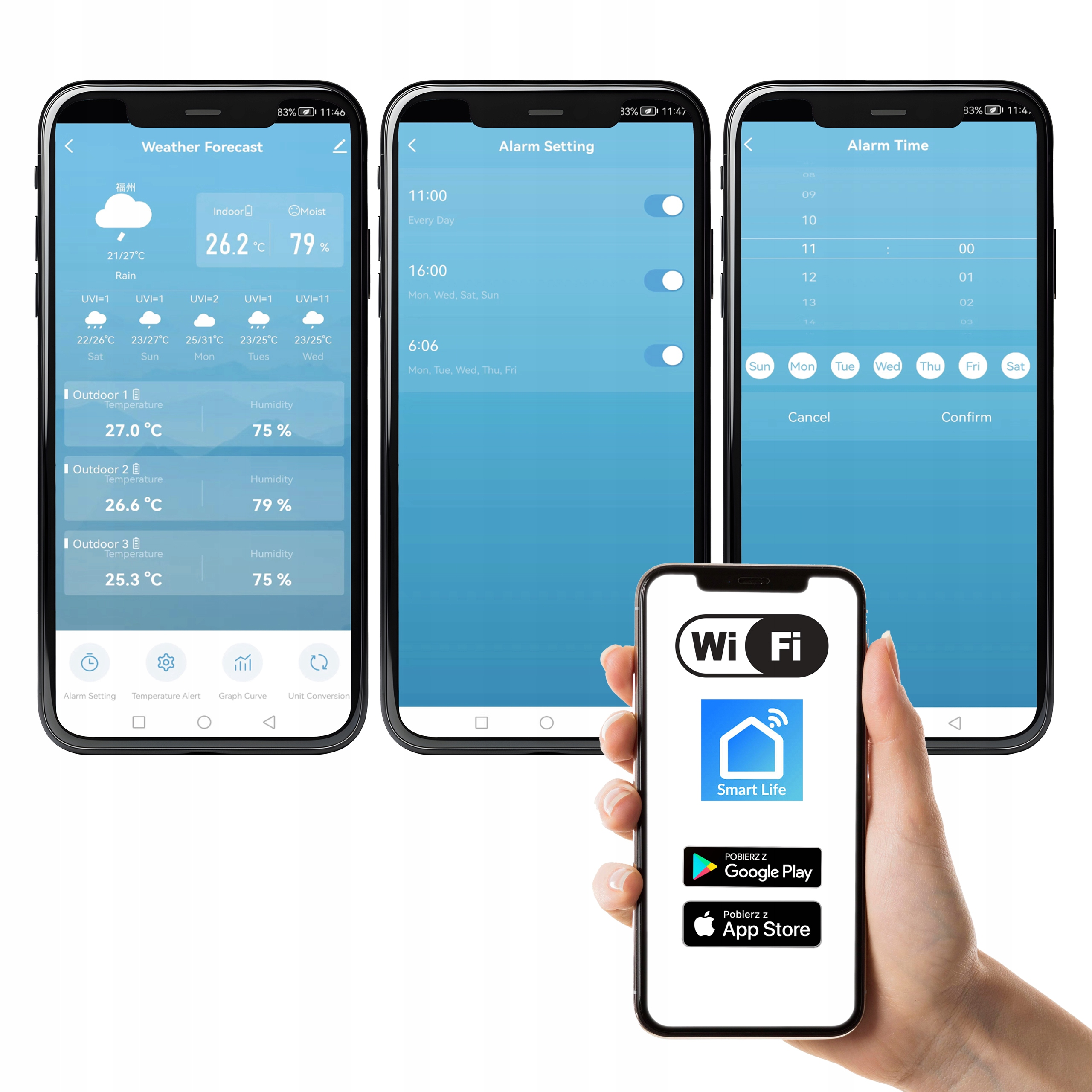 Trzy smartfony pokazują pogodę, ustawienia alarmu i opcje pobierania aplikacji. Ręka trzyma trzeci telefon.