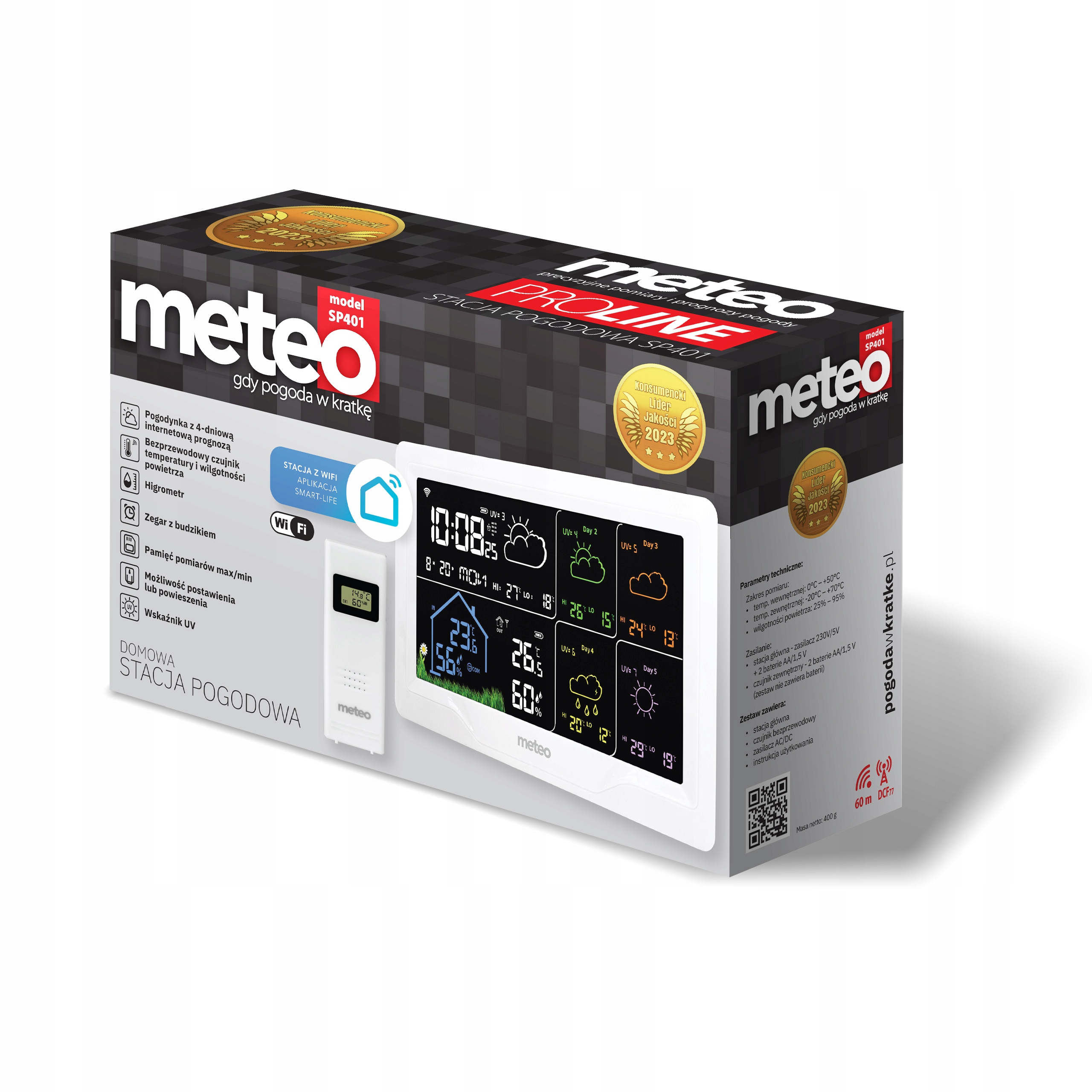 Pudełko stacji pogodowej z ekranem pokazującym dane pogodowe. Pudełko jest czarno-białe i ma tekst i ikony.