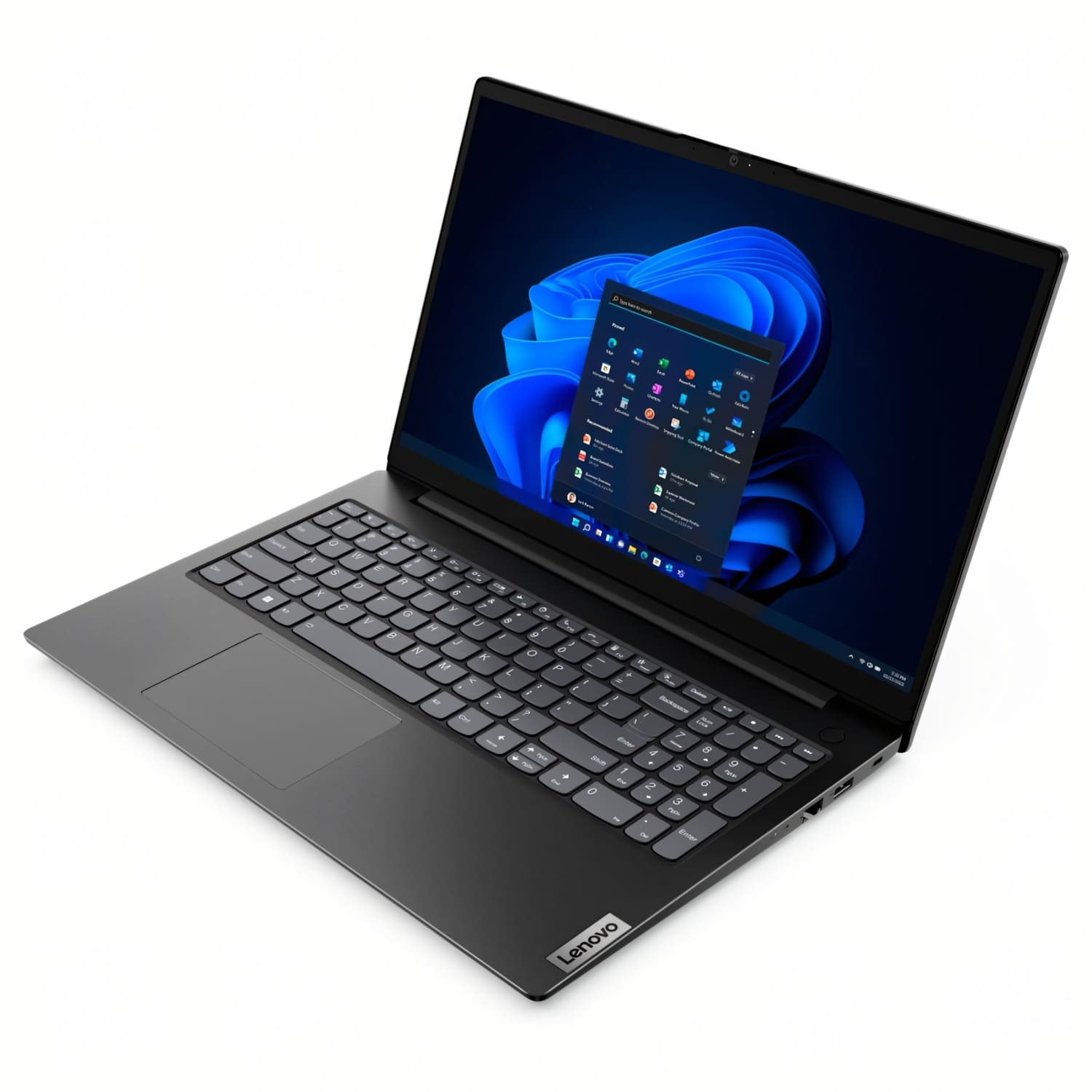 Un portátil Lenovo negro está abierto, mostrando una interfaz de Windows 11. La pantalla muestra iconos de aplicaciones. El teclado y el panel táctil son visibles.