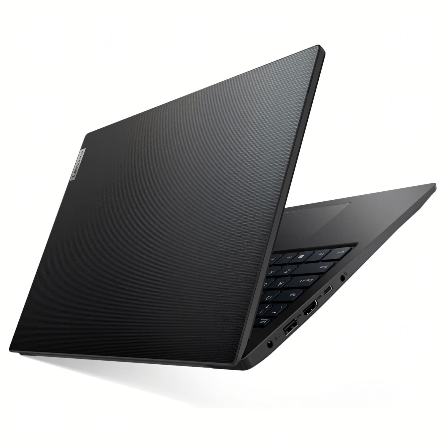 Una laptop Lenovo negra está abierta sobre una superficie blanca. Se ven el teclado y la pantalla, con la laptop ligeramente inclinada.