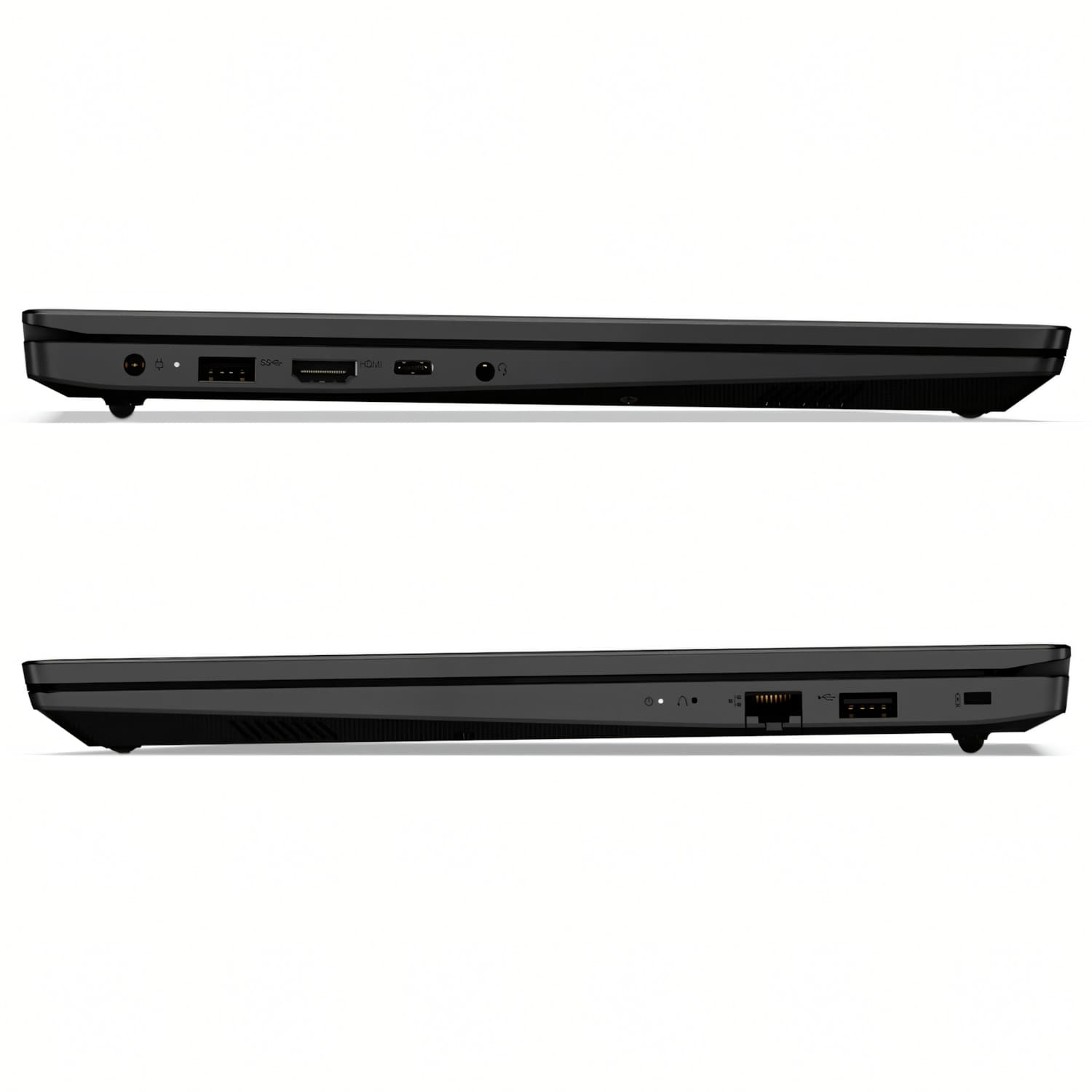 Dos portátiles negros vista lateral. Portátil superior muestra puertos: energía, USB, HDMI, audio. Portátil inferior: energía, USB, ethernet, USB, carga.