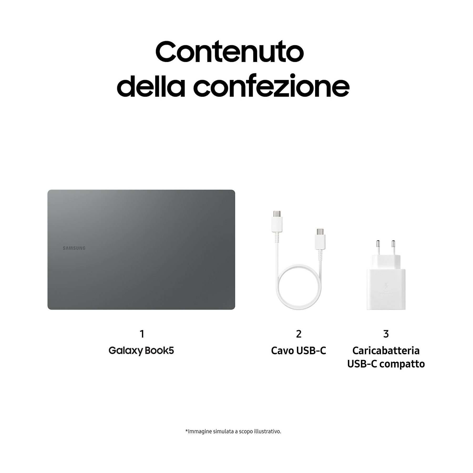 Das Bild zeigt ein Samsung Galaxy Book5, ein USB-C-Kabel und ein USB-C-Ladegerät. Der Text lautet 'Inhalt der Verpackung'.