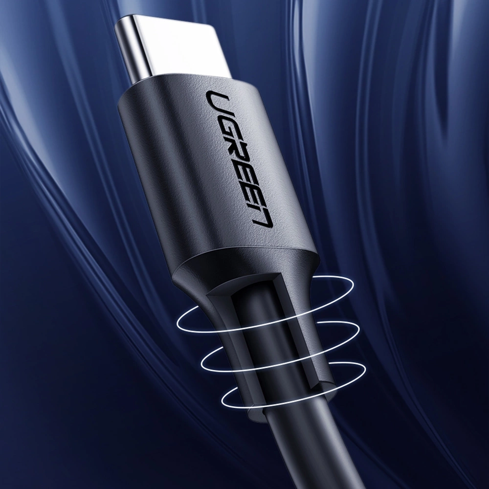 Zbliżenie kabla USB-C UGREEN. Kabel jest ciemnoszary z białymi wirami. Tło jest ciemnoniebieskie.