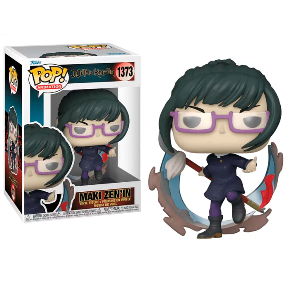 Figurka Funko Pop Maki Zen'in z Jujutsu Kaisen. Ma okulary, trzyma broń i ma ciemne włosy. Figurka jest w pudełku.