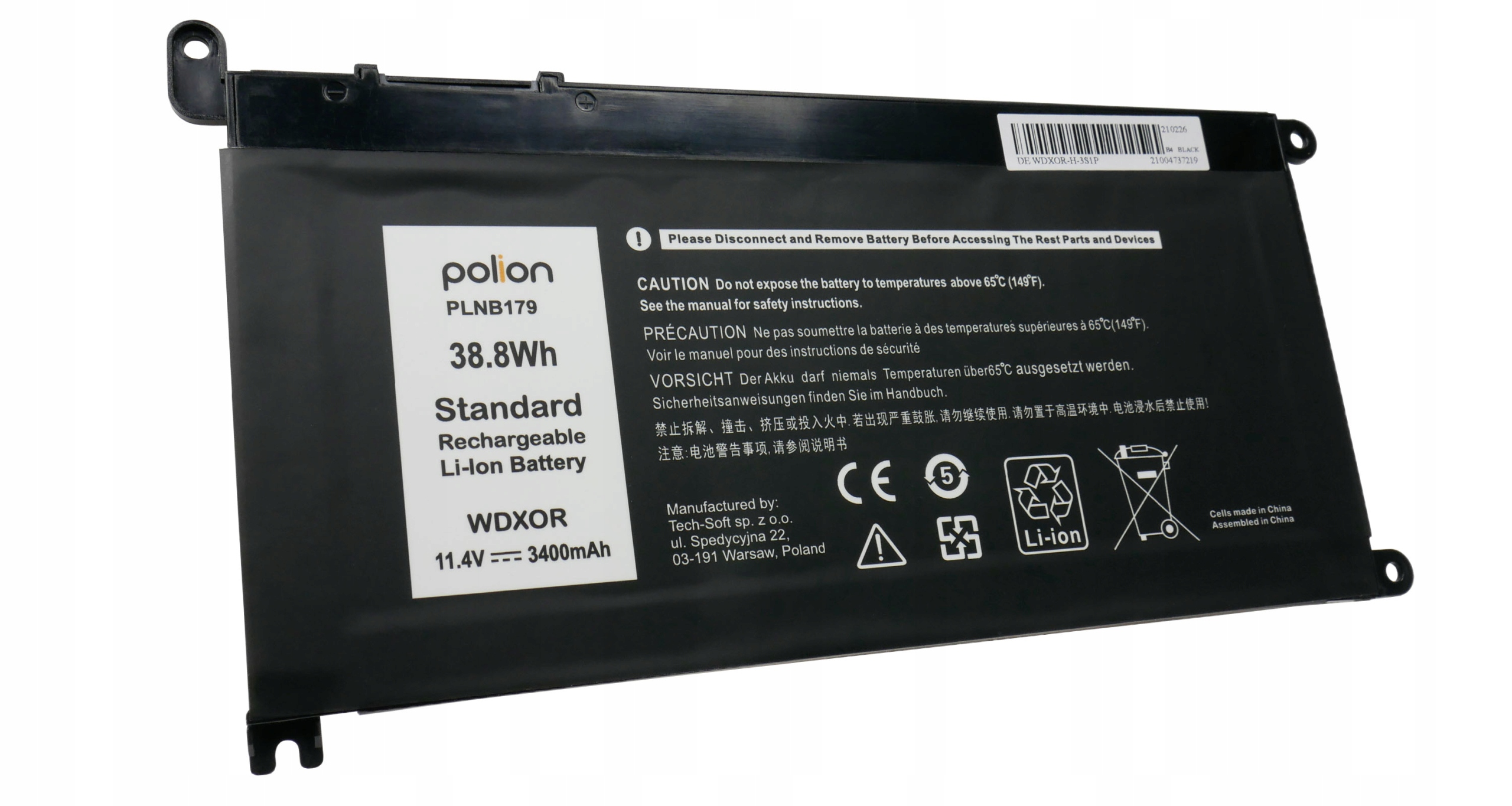 Czarna bateria do laptopa z białą etykietą z marką, specyfikacją i ostrzeżeniami.