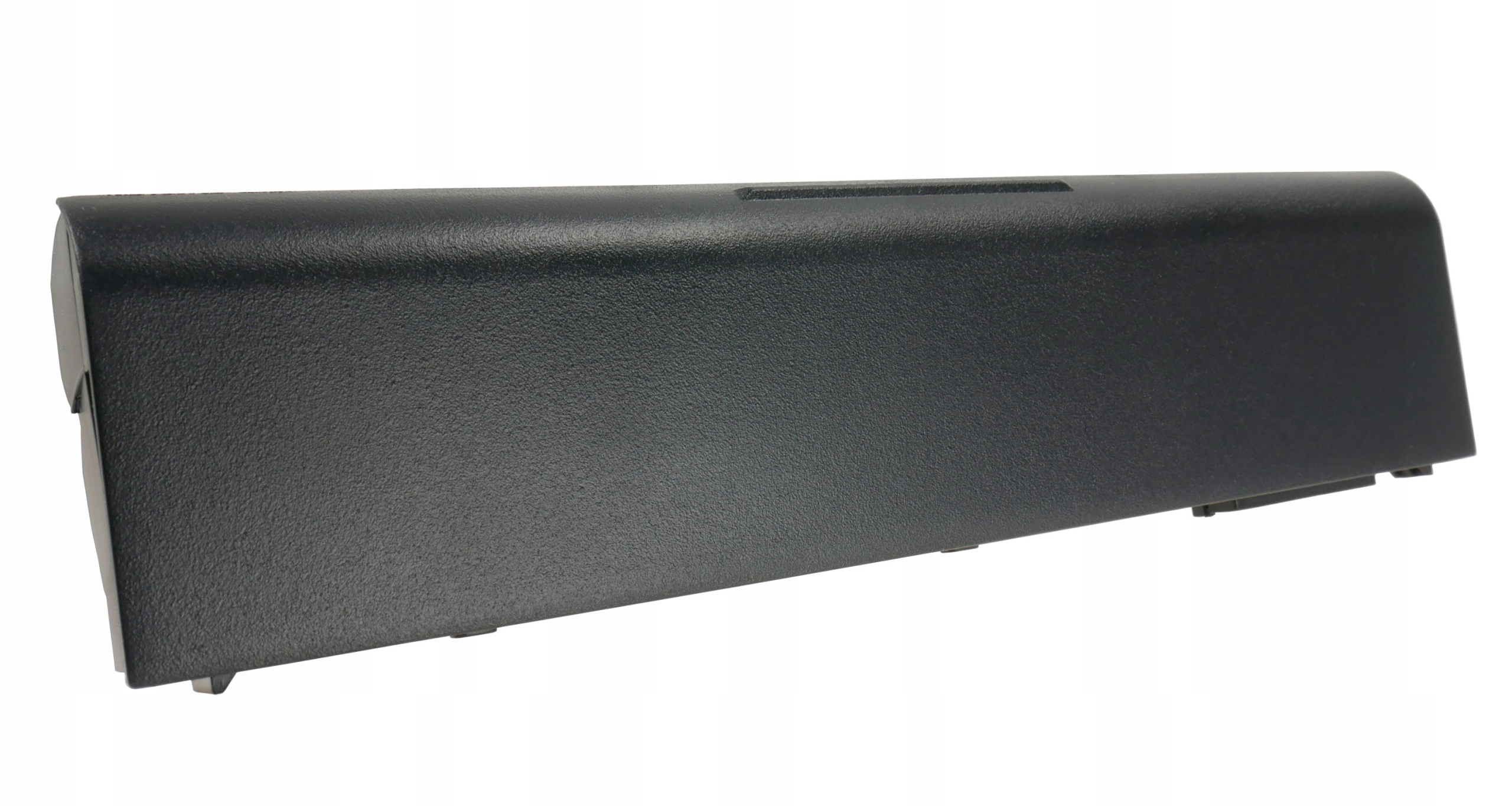 Czarny, plastikowy, prostokątny przedmiot, prawdopodobnie część laptopa, na białym tle.