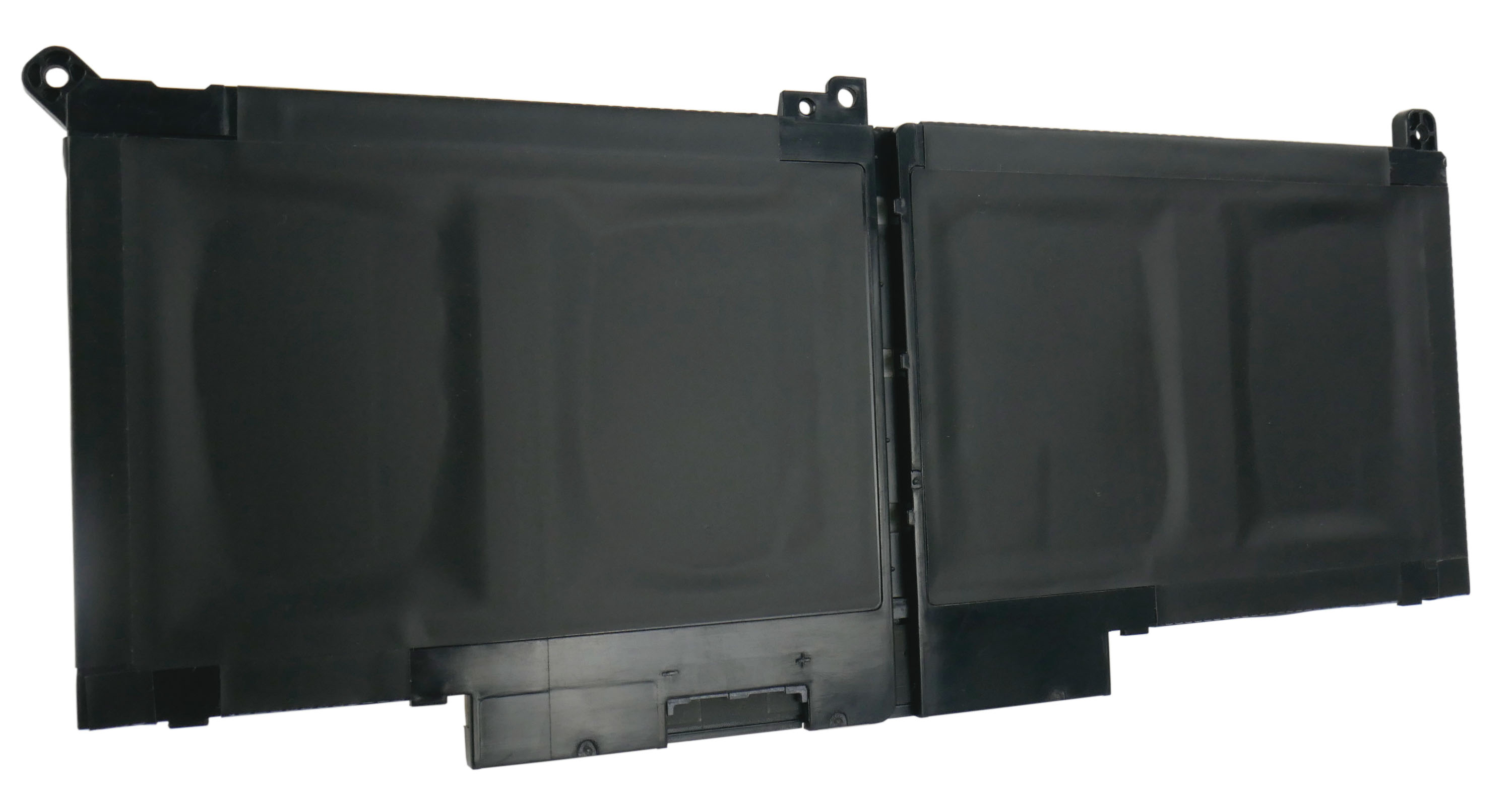 Czarna bateria do laptopa o prostokątnym kształcie i różnych punktach połączeń na białym tle.