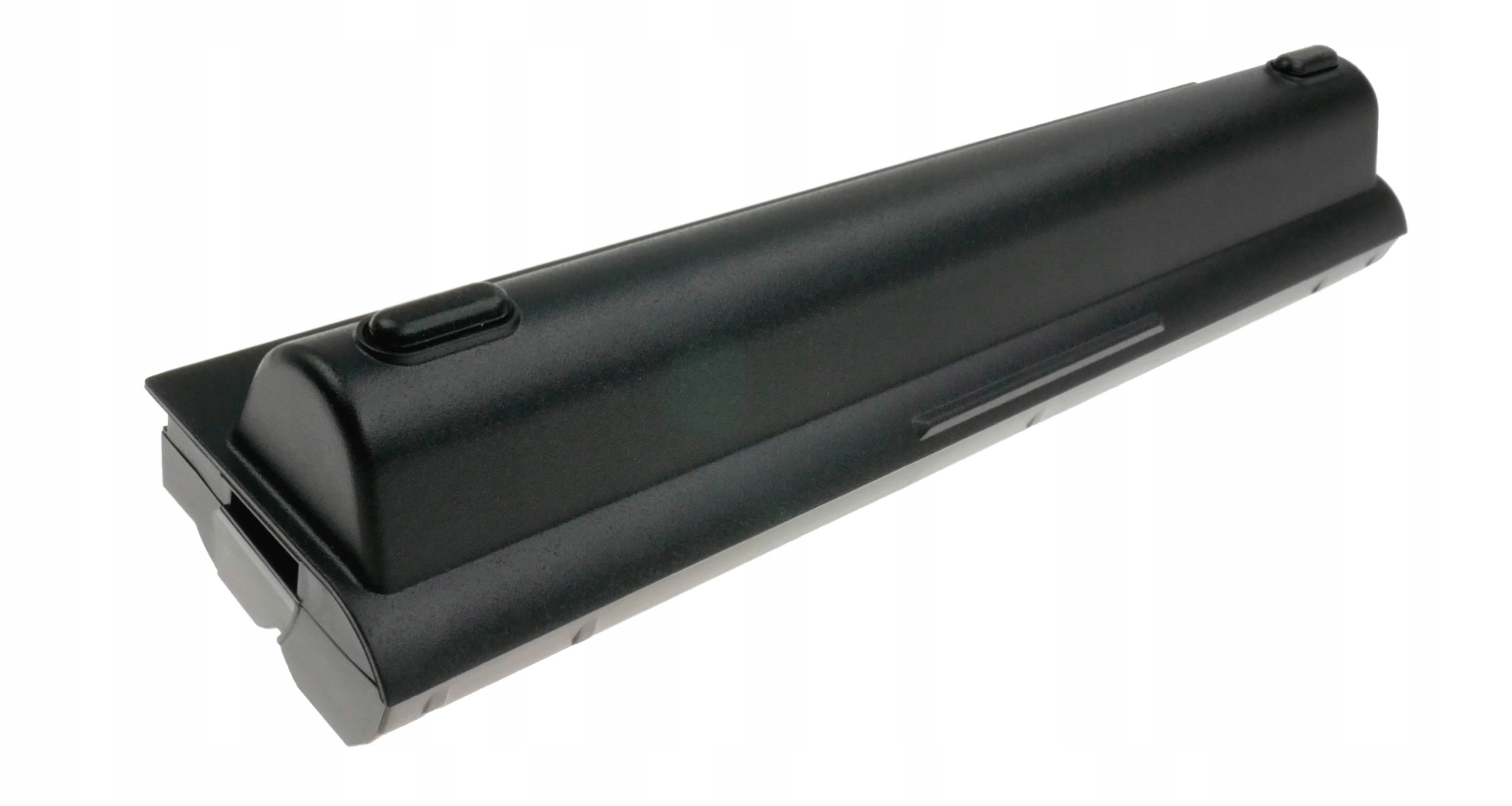 Czarna bateria do laptopa na białym tle. Ma prostokątny kształt z zaokrąglonymi krawędziami i kilkoma przyciskami.