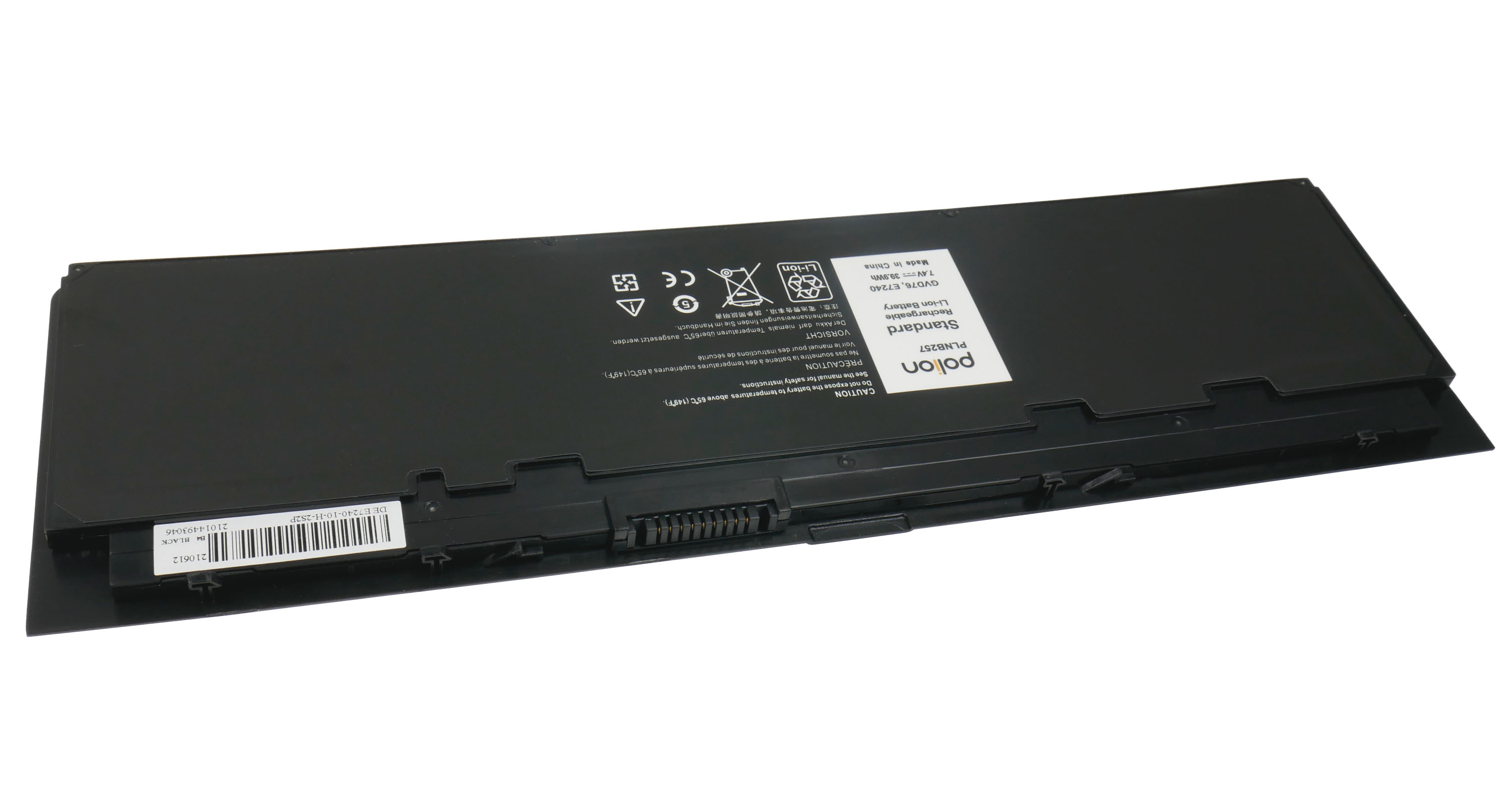 Czarna bateria do laptopa z białą etykietą. Marka to polion. Dane techniczne wydrukowano na etykiecie.