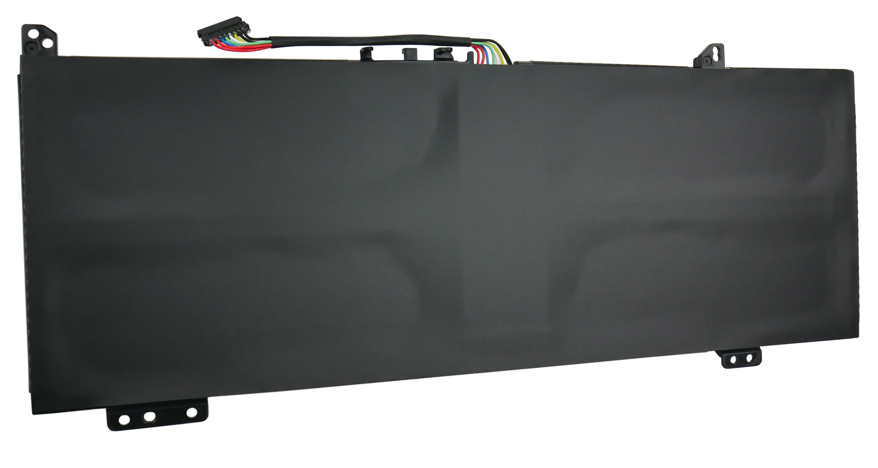 Czarny prostokątny akumulator do laptopa ze złączem i kolorowymi przewodami. Ma wsporniki montażowe na rogach.