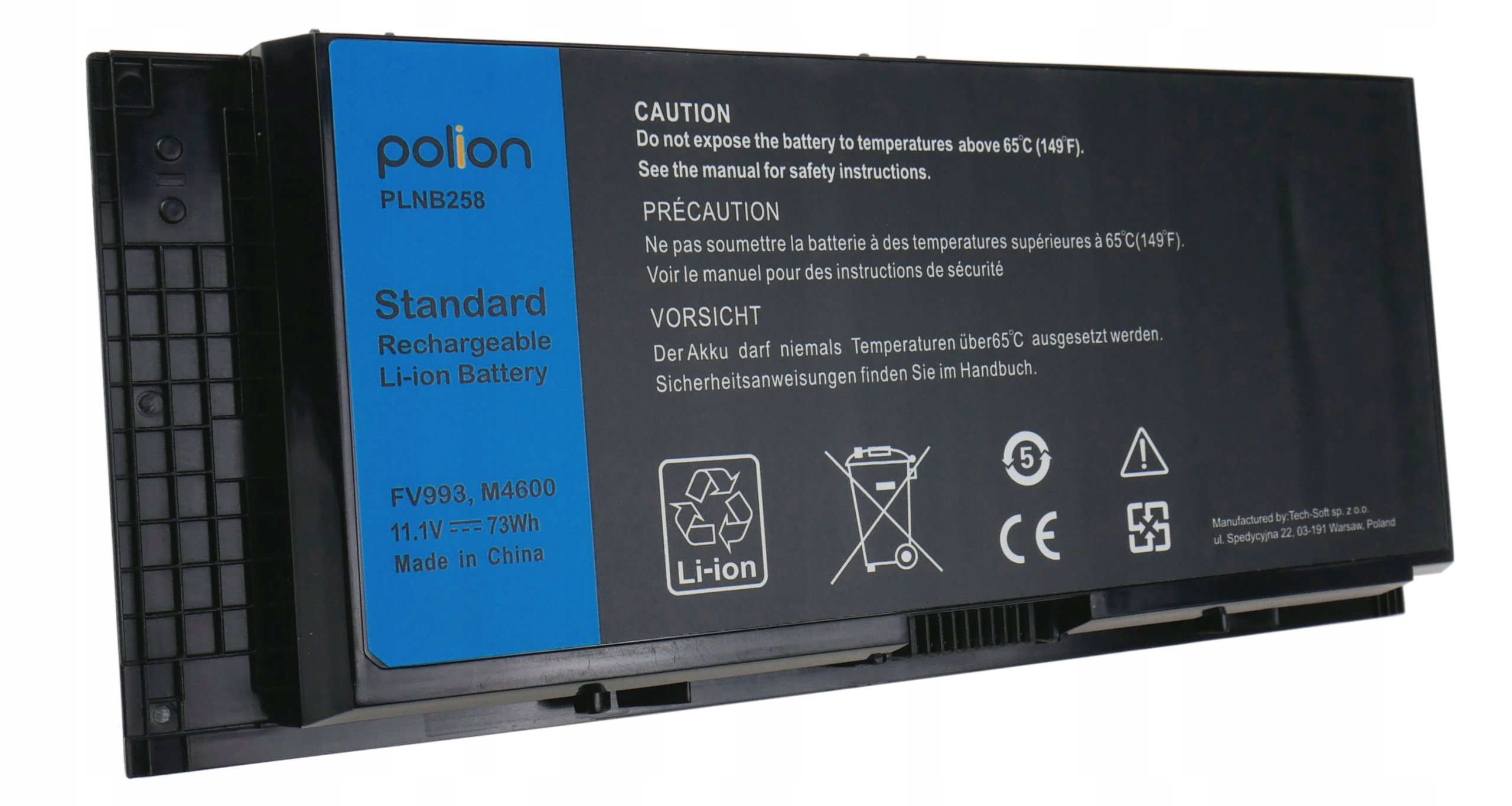 Czarny i niebieski akumulator Li-ion Polion PLNB258 z etykietami ostrzegawczymi i danymi technicznymi.