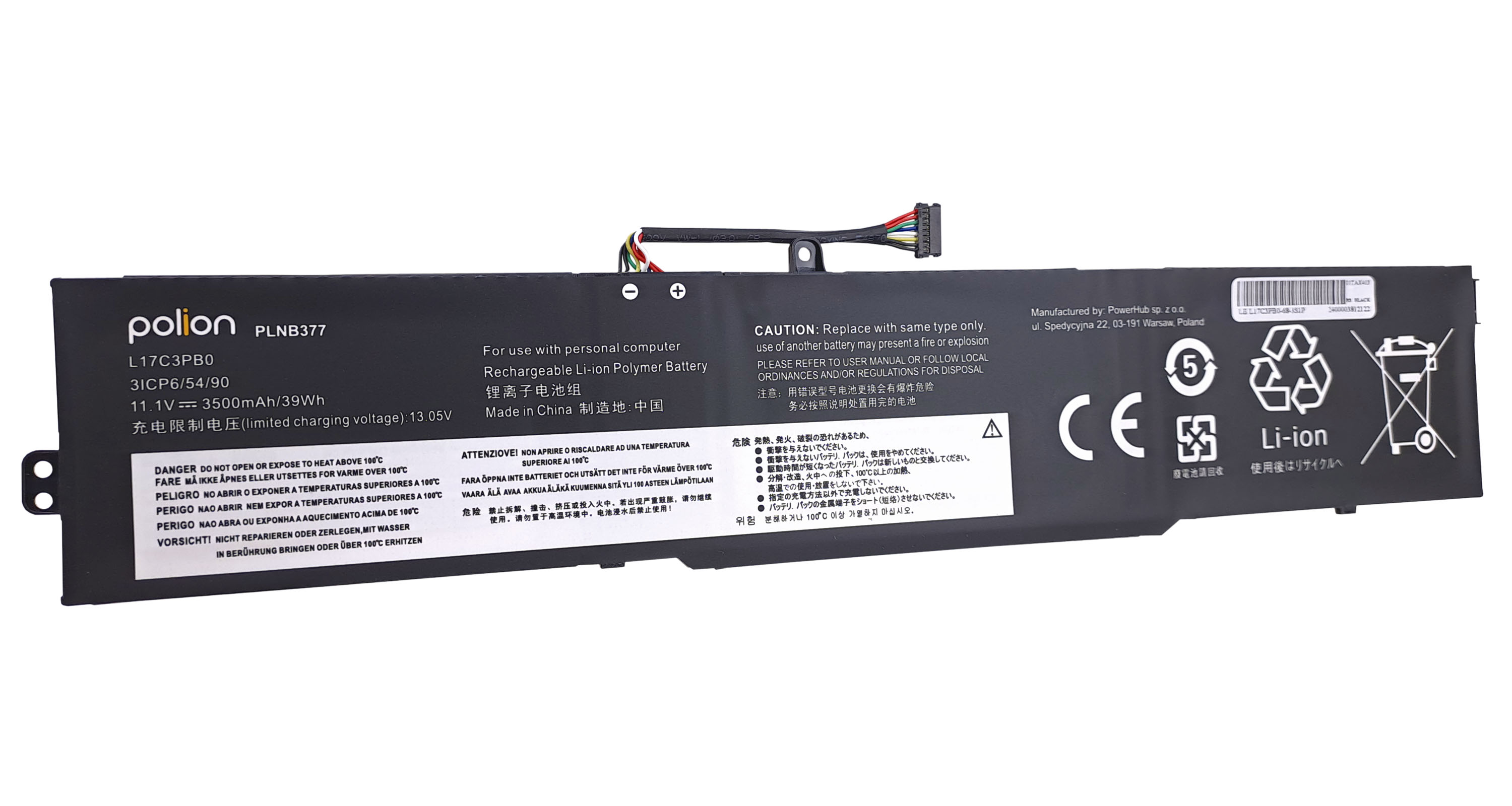 Czarna bateria do laptopa z tekstem. Posiada ostrzeżenia, znak plus i symbole recyklingu.