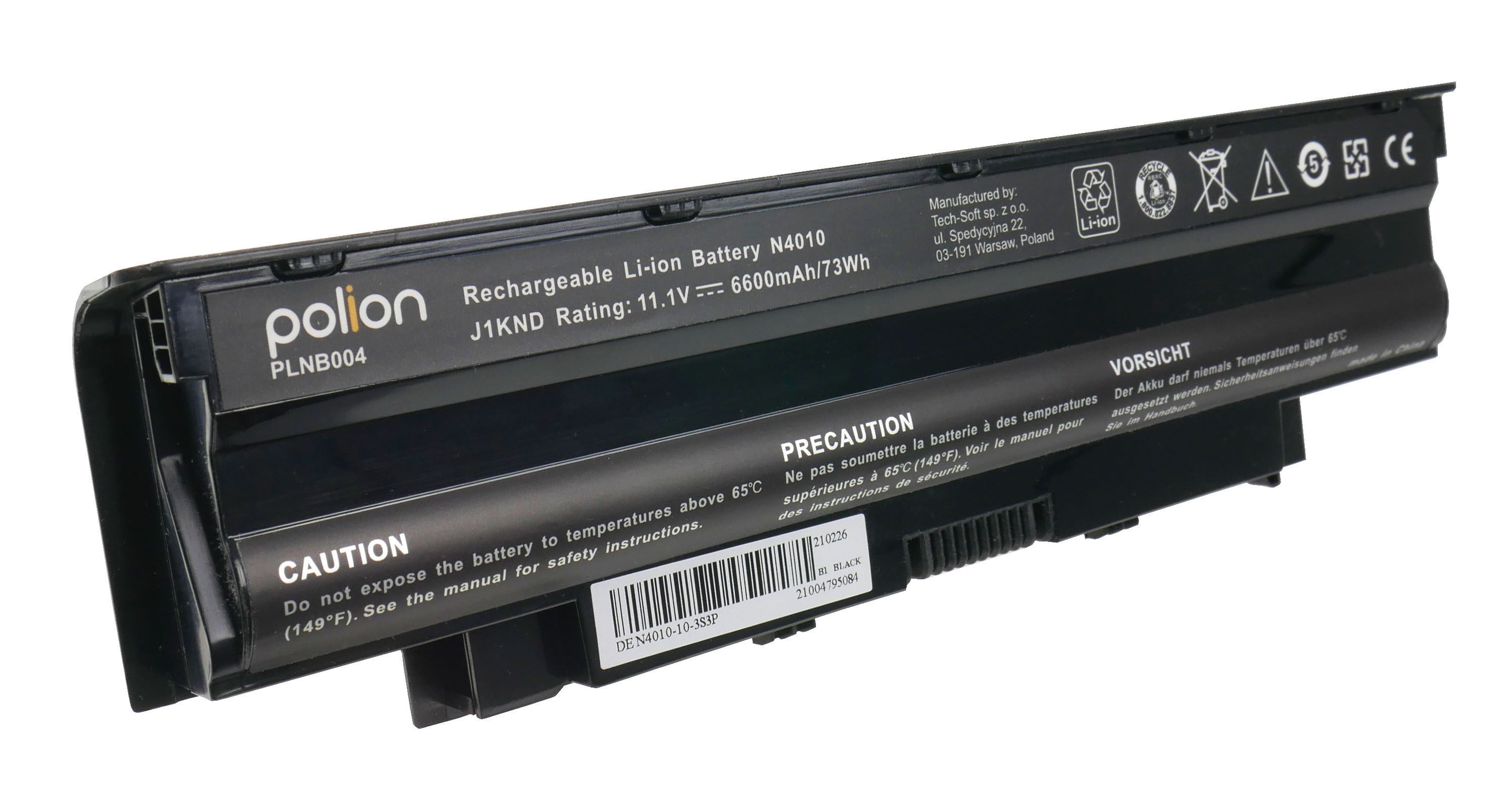 Czarna bateria do laptopa Polion. Ma wydrukowane ostrzeżenia i specyfikacje.