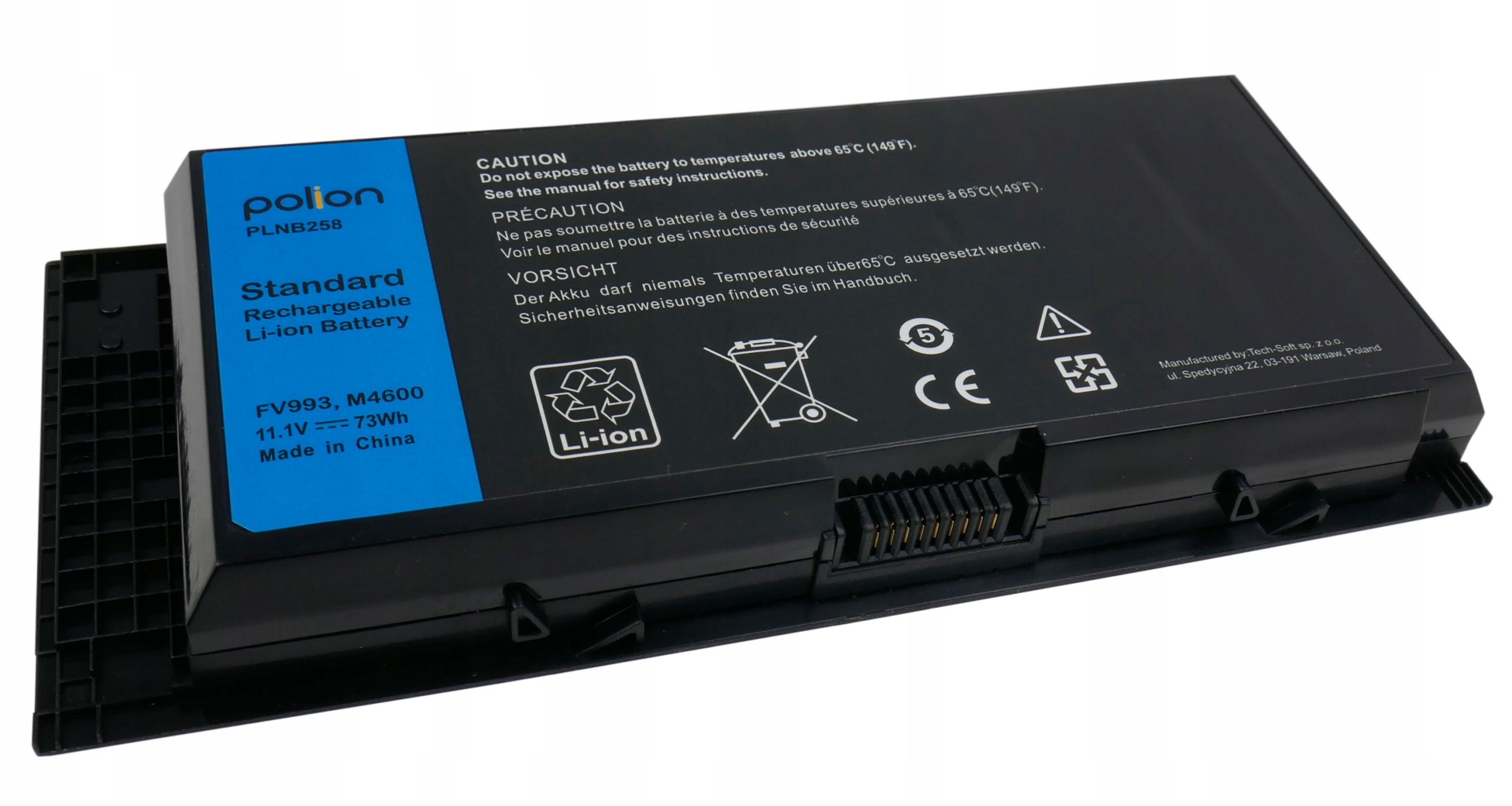 Czarna bateria do laptopa z niebieską etykietą. Tekst zawiera 'polion', 'Standardowy akumulator litowo-jonowy' i ostrzeżenia.