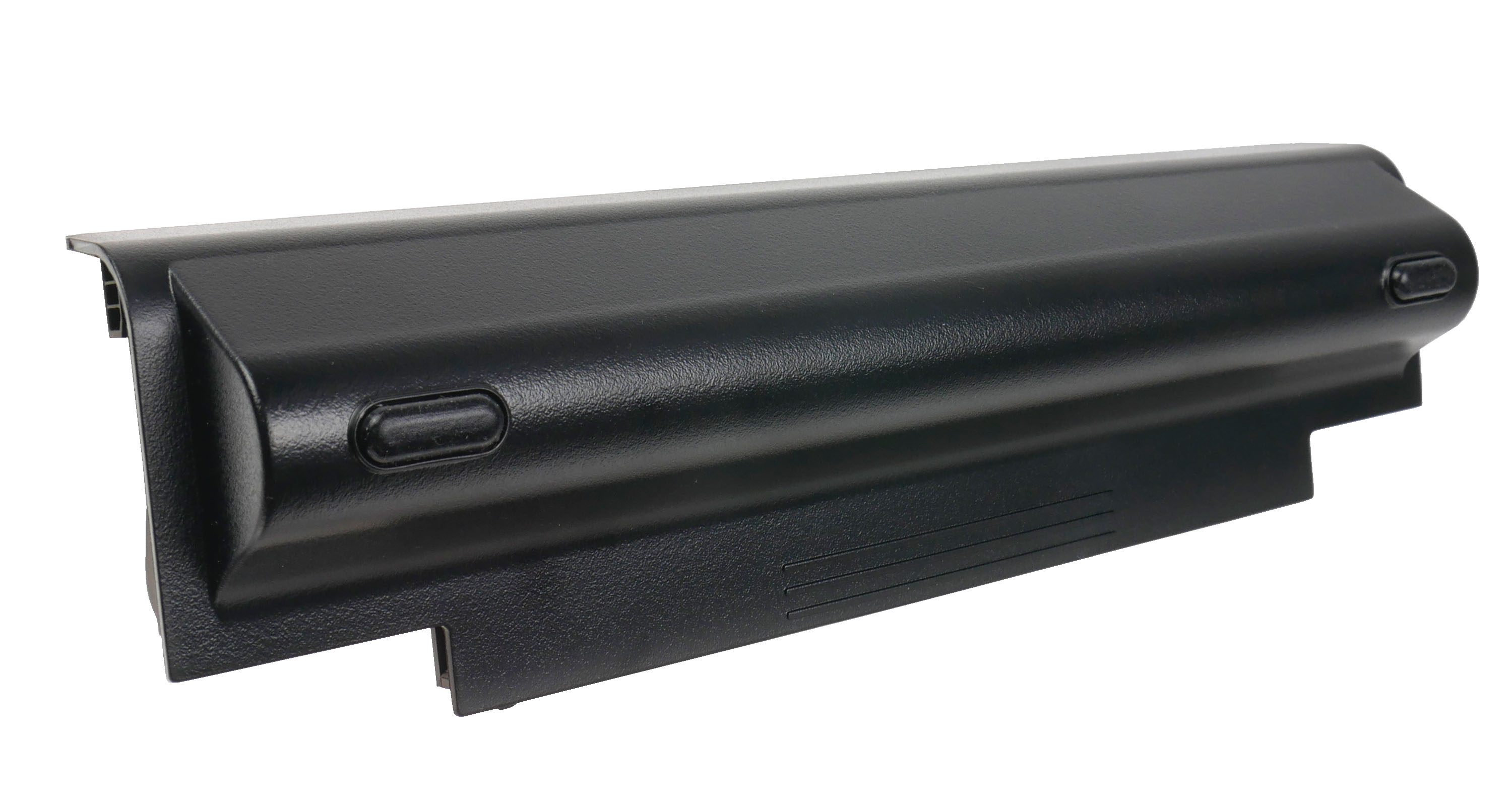 Czarna bateria do laptopa na białym tle. Ma prostokątny kształt z zaokrąglonymi krawędziami. Są dwa przyciski.