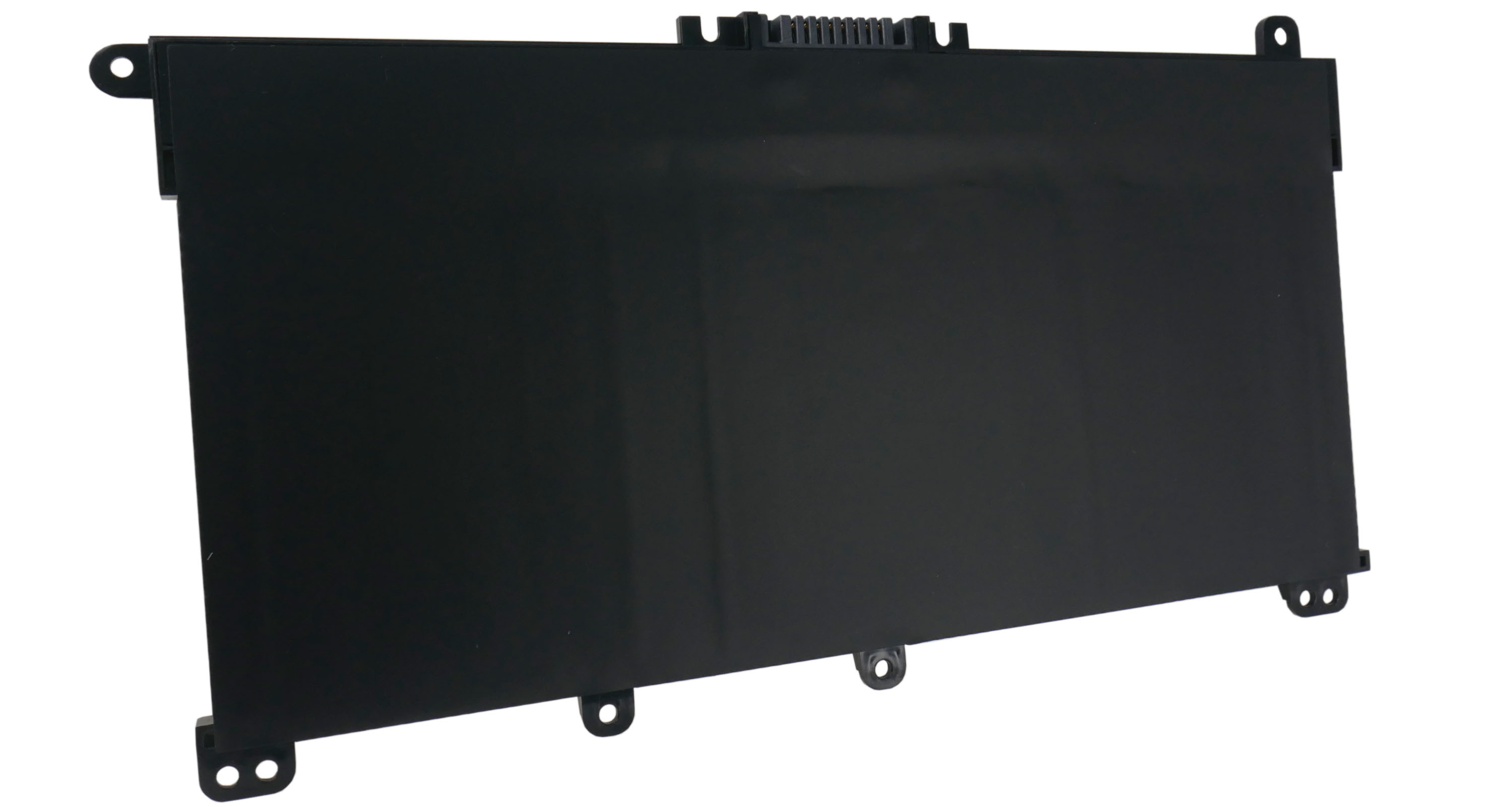 Czarny, prostokątny akumulator do laptopa z pinami złącza. Ma kilka otworów montażowych i lekko pochylony kształt.