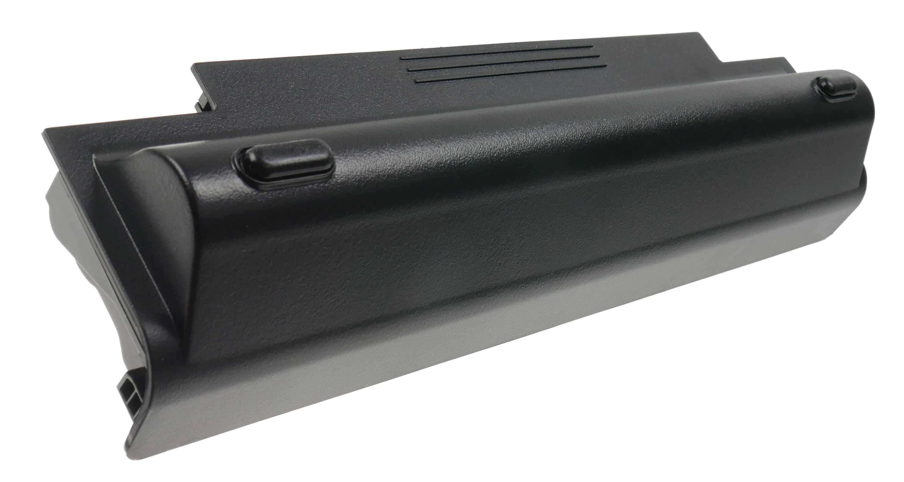 Czarny akumulator do laptopa, pod kątem, z zaokrągloną górą i dwoma wystającymi przyciskami.