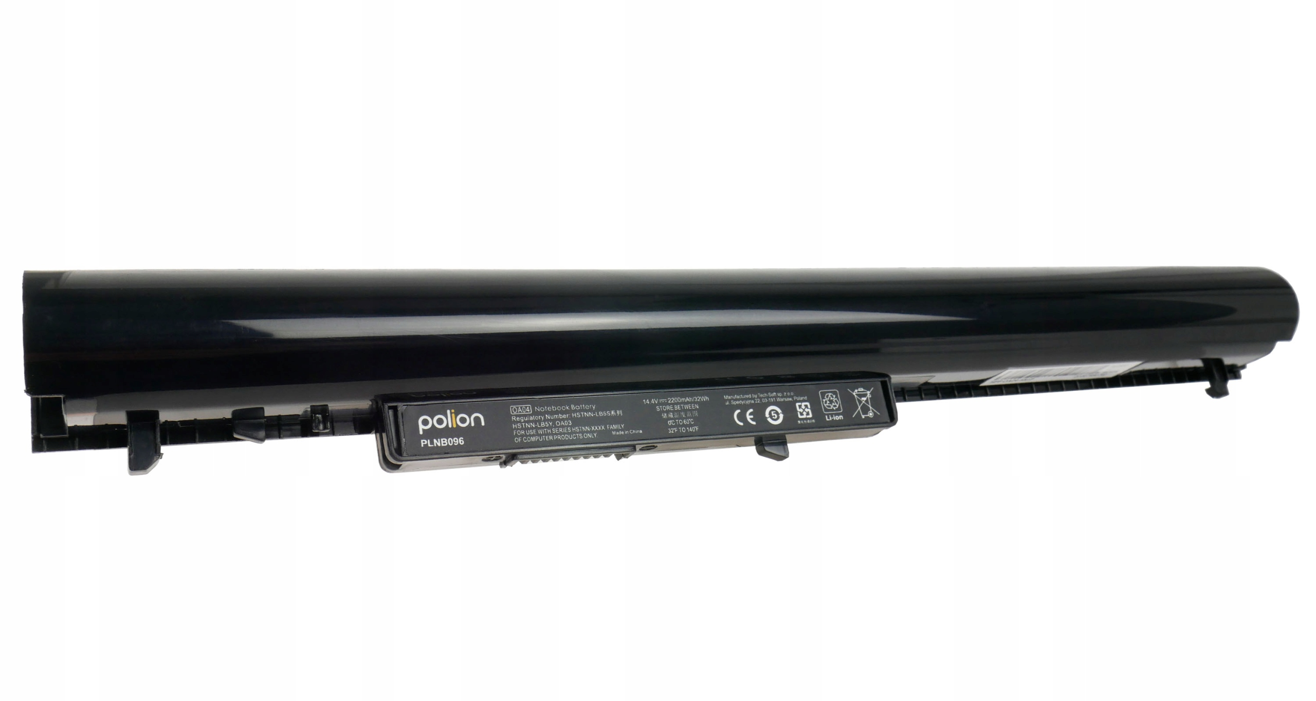 Czarna bateria do laptopa z etykietą. Etykieta zawiera nazwę marki, numer modelu i specyfikacje techniczne.