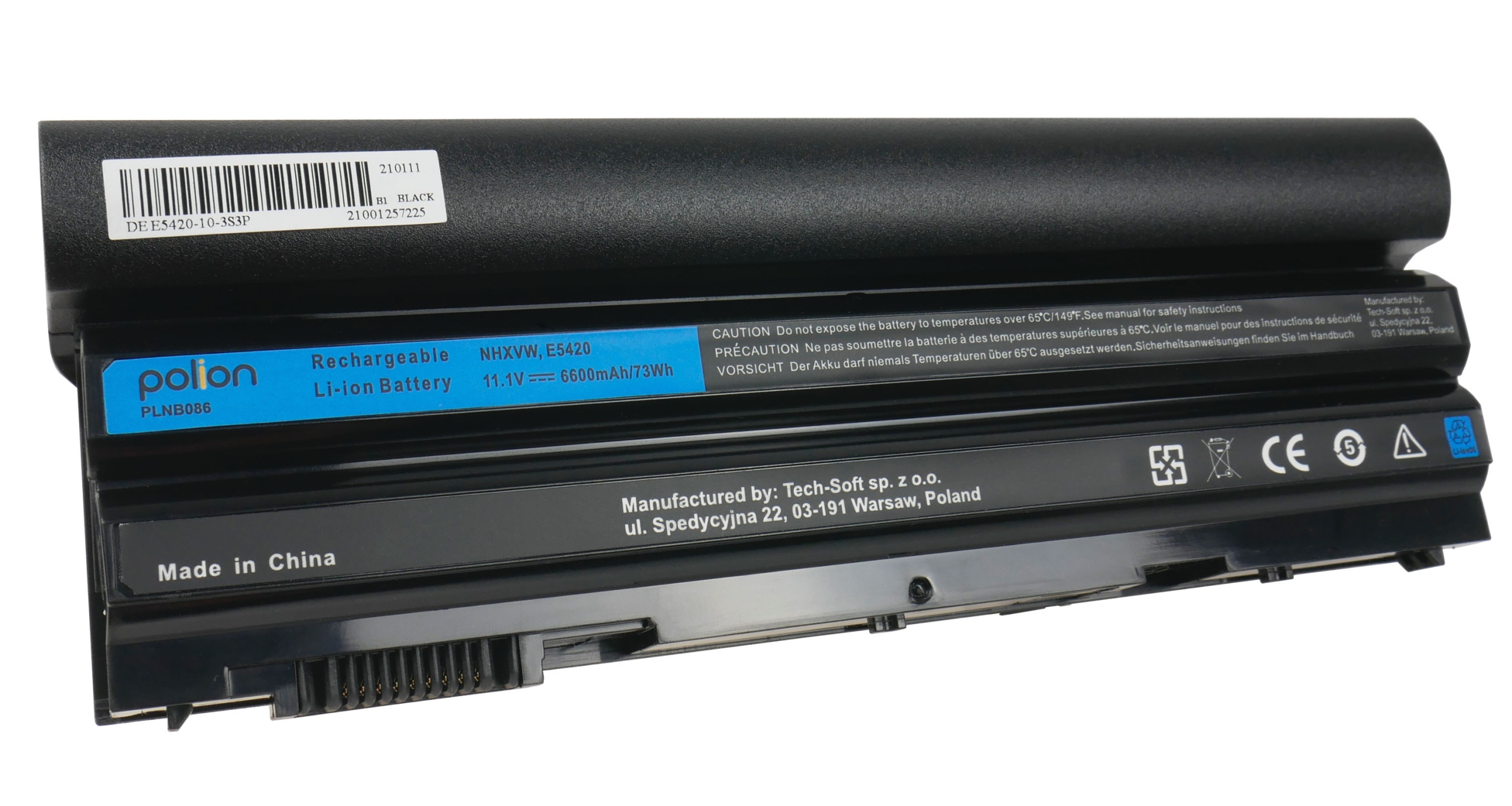 Czarna bateria do laptopa z białymi etykietami i niebieskim i czarnym tekstem. Widoczne 'Made in China'.
