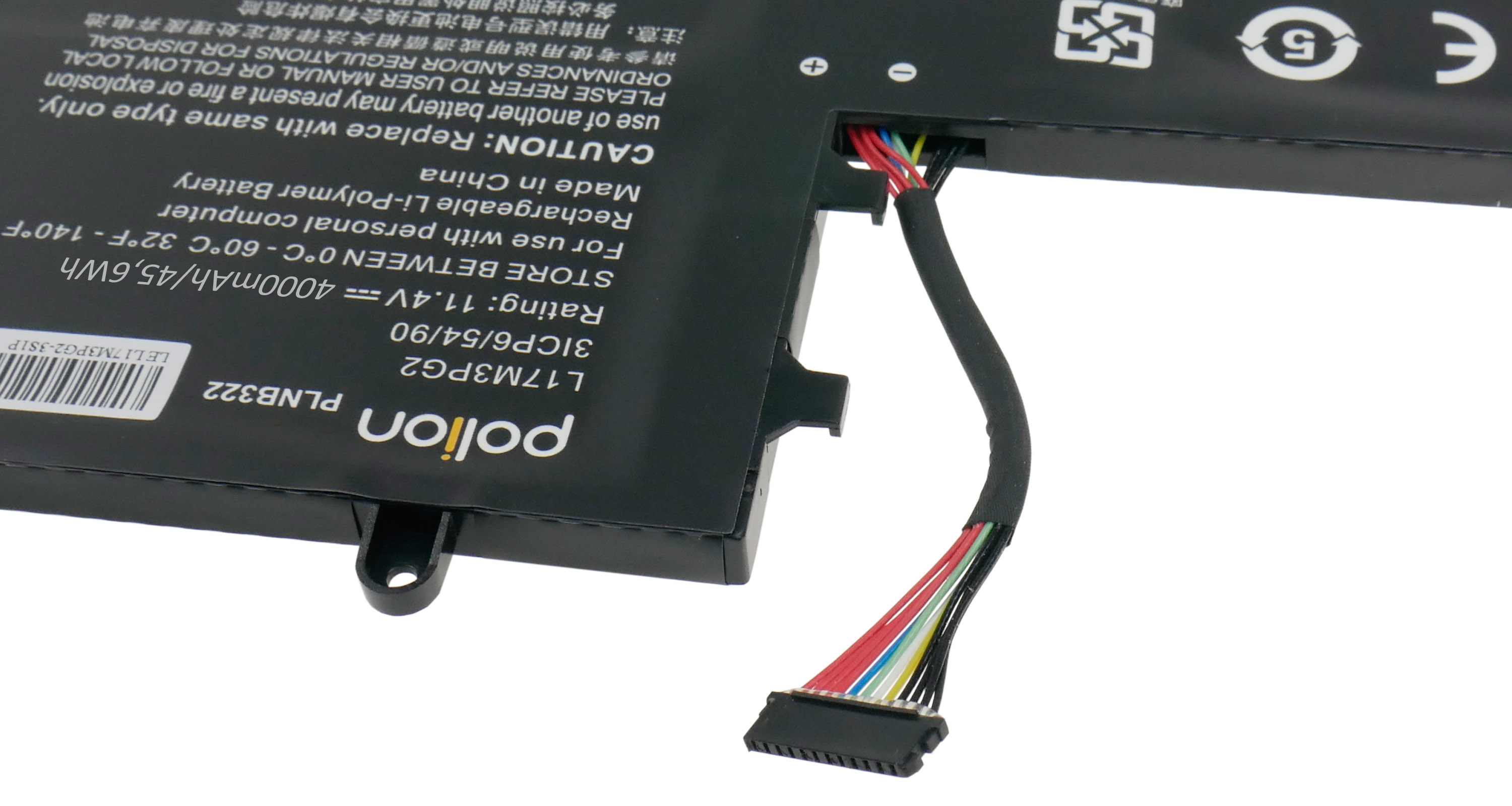 Czarna bateria do laptopa z kolorowymi przewodami. Tekst wskazuje model i specyfikacje.