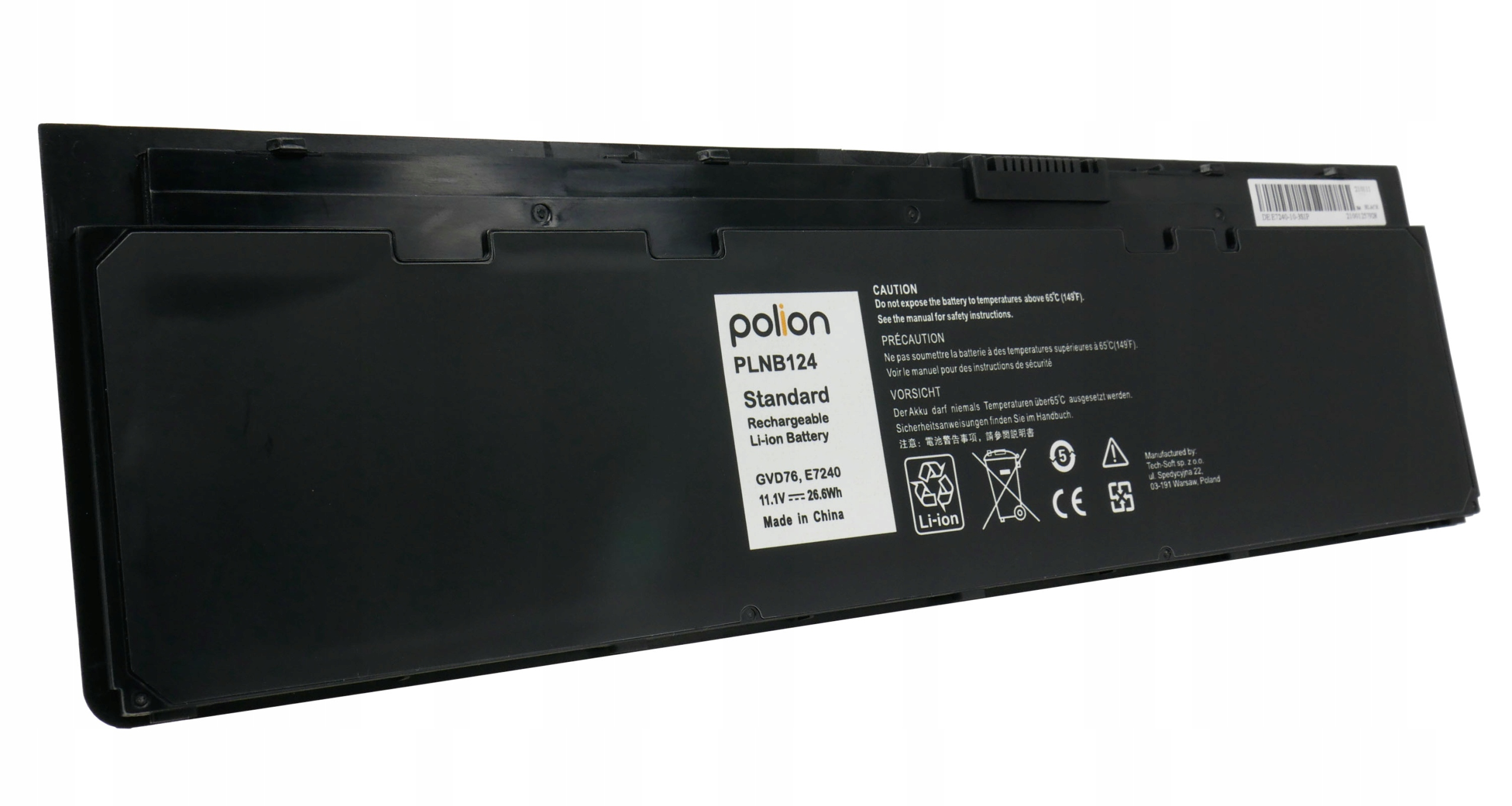 Czarna bateria do laptopa z białym tekstem i symbolami, w tym etykieta ostrzegawcza i ikona Li-ion.