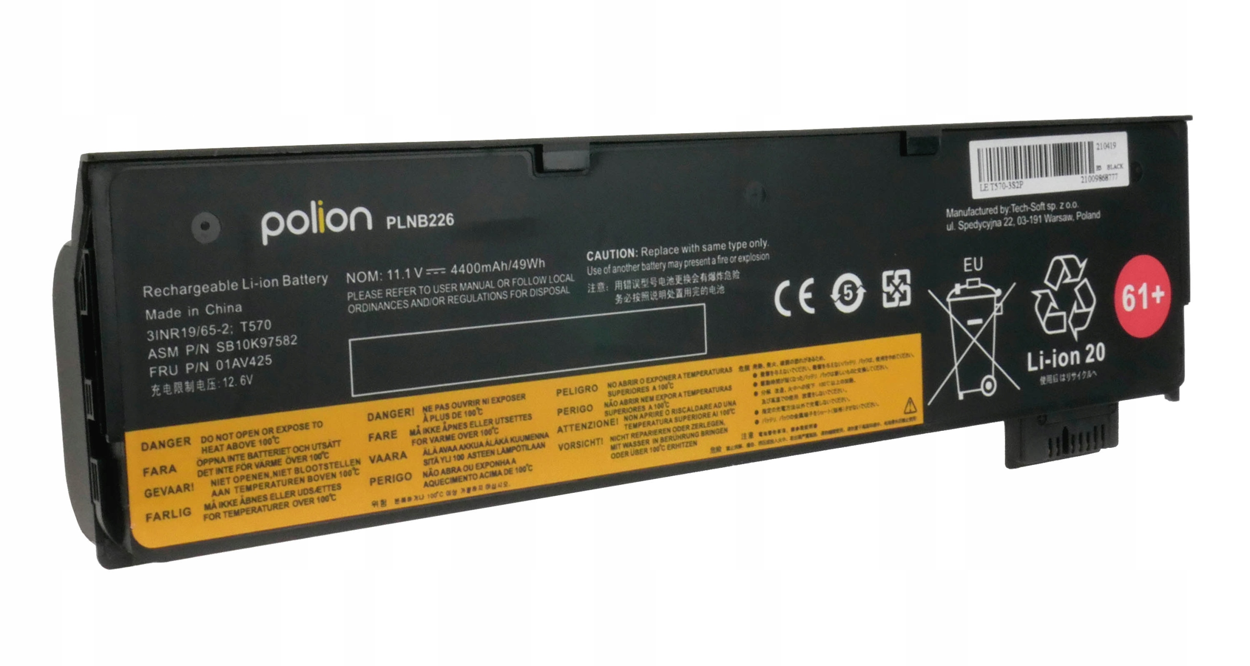 Czarna bateria do laptopa z etykietami tekstowymi, ostrzeżeniami i symbolem recyklingu. Bateria jest prostokątna.