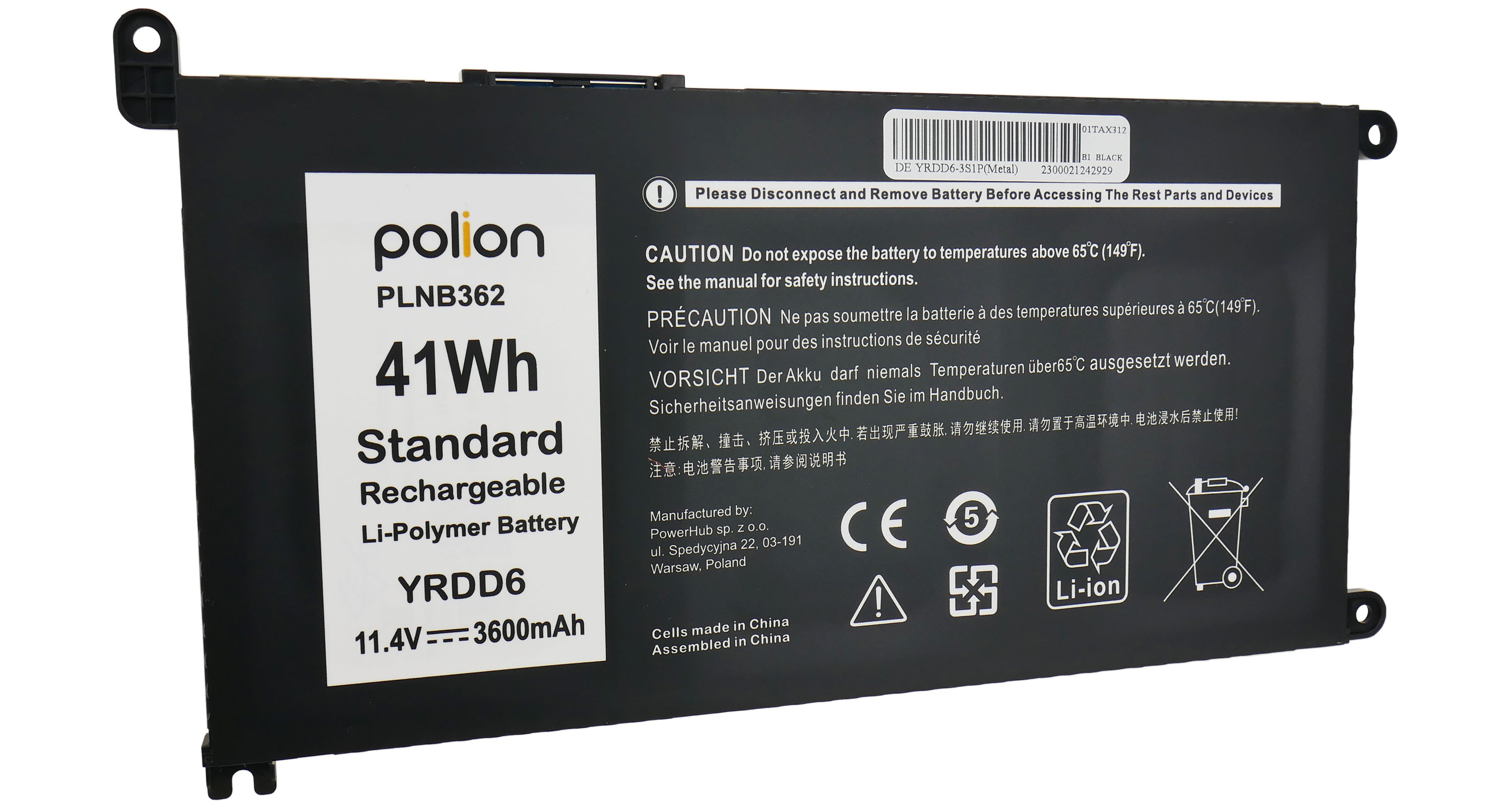 Czarna bateria do laptopa z etykietami tekstowymi, ostrzeżeniami i kodem kreskowym. Zawiera 41Wh, Li-ion i znak CE.