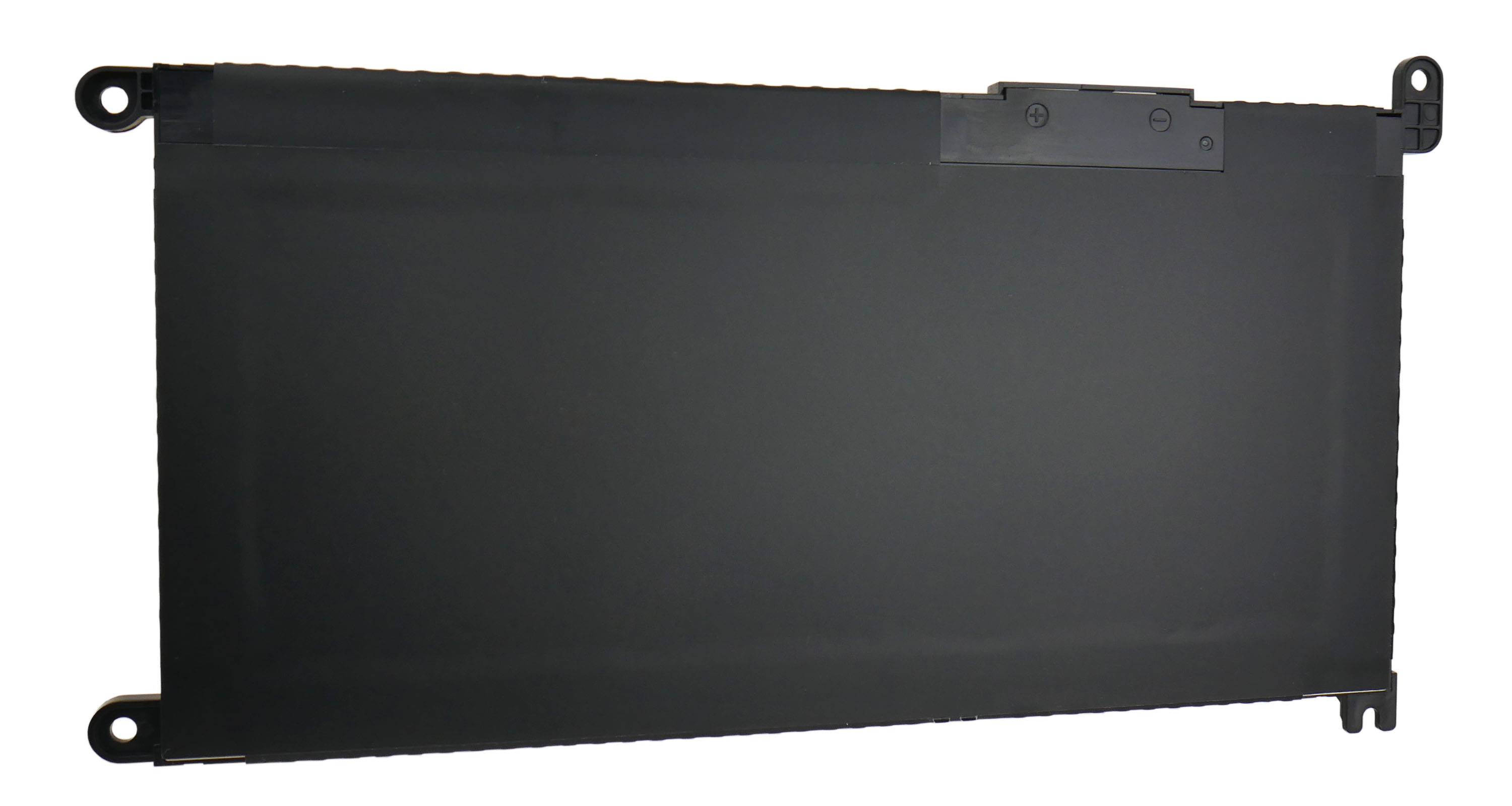 Czarna bateria do laptopa z zaokrąglonymi rogami i otworami montażowymi. Ma płaską powierzchnię i małą sekcję ze znakami plus i minus.