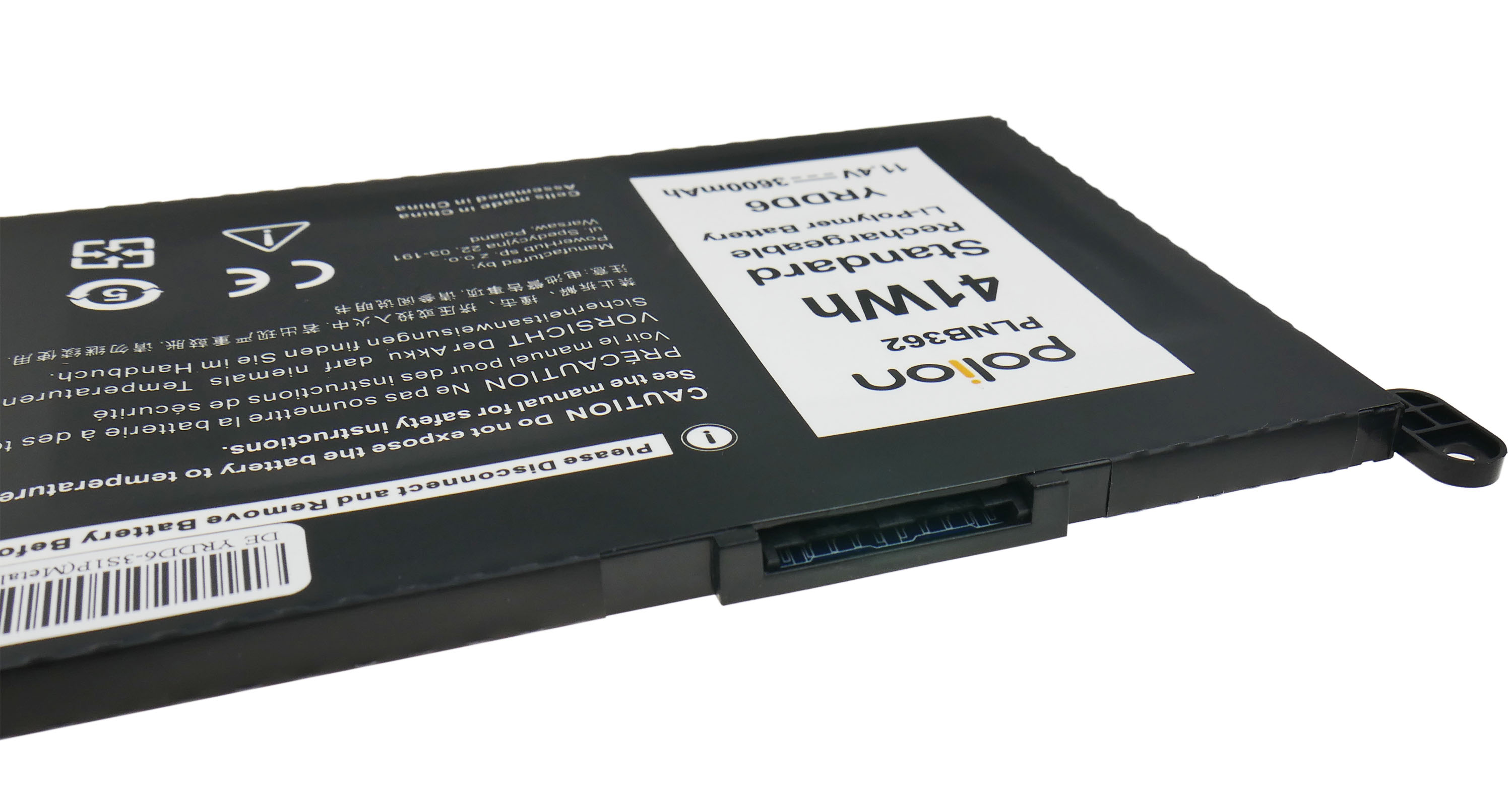 Czarny akumulator z białym tekstem. Pokazuje 'polion', '41Wh' i etykiety ostrzegawcze.