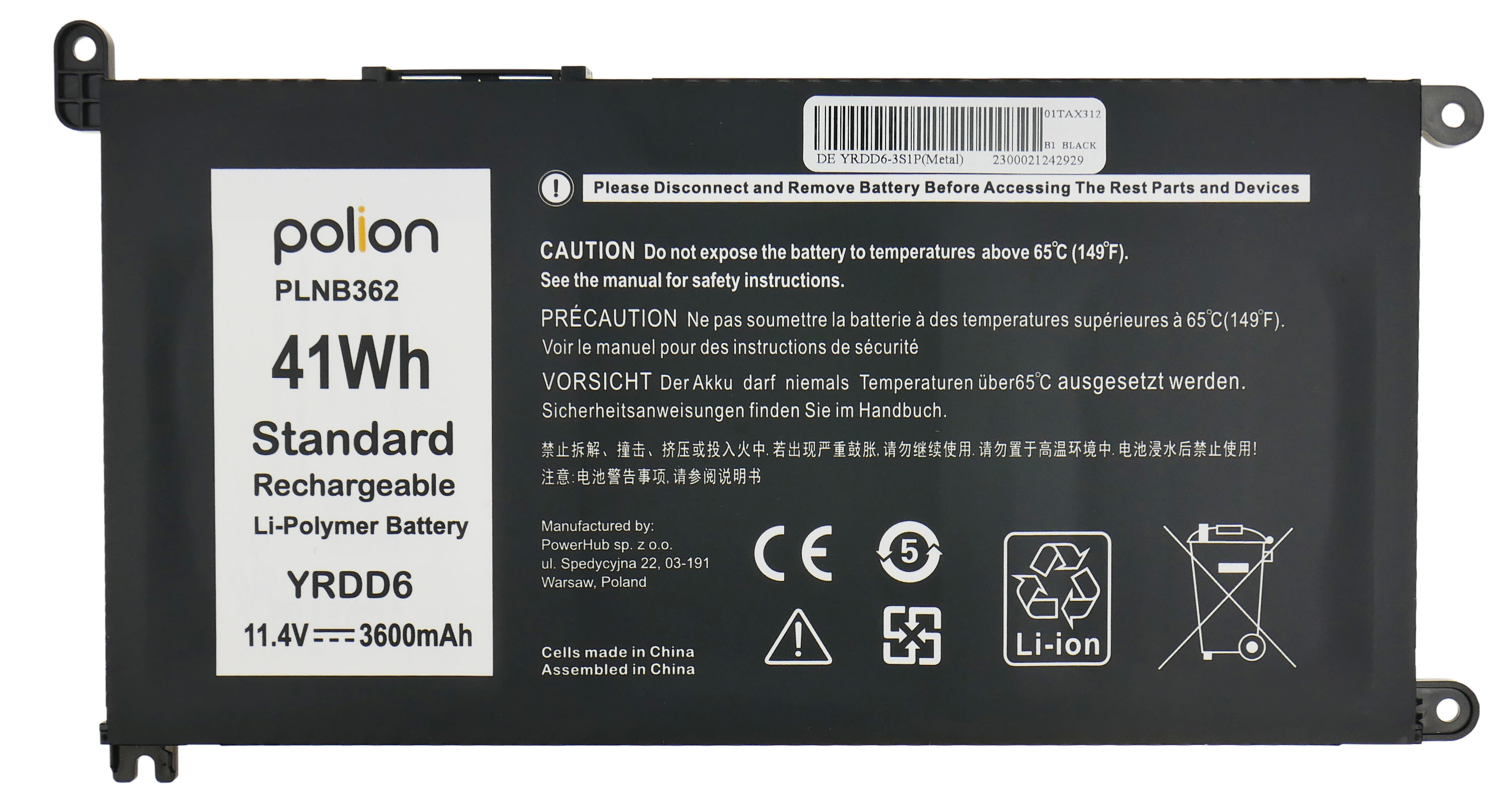 Czarna bateria do laptopa z białym tekstem wskazującym jej specyfikacje i ostrzeżenia.