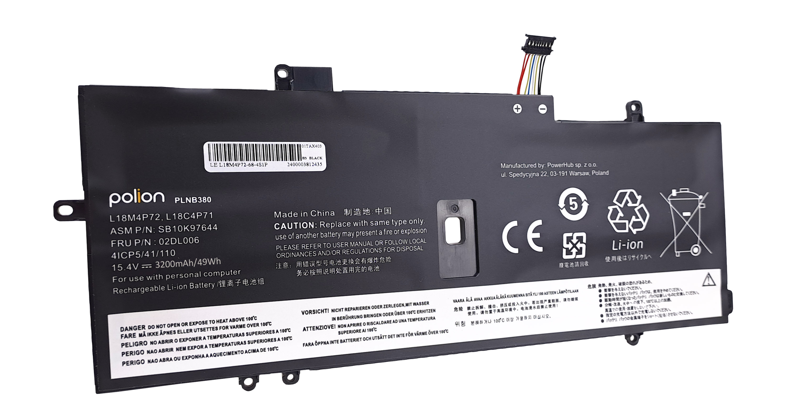 Bateria do laptopa z etykietami i ostrzeżeniami. Czarna z złączem i różnymi symbolami.