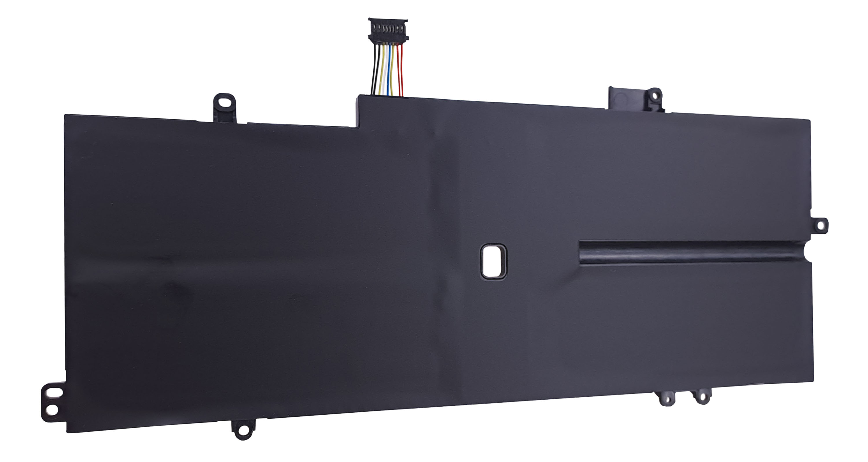 Czarna bateria do laptopa ze złączem i przewodami w różnych kolorach. Ma kształt prostokąta i białe tło.