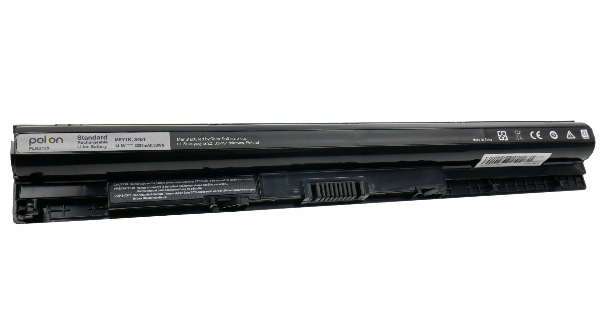Czarna bateria do laptopa z białym tekstem. Posiada etykiety ostrzegawcze i etykietę produktu.