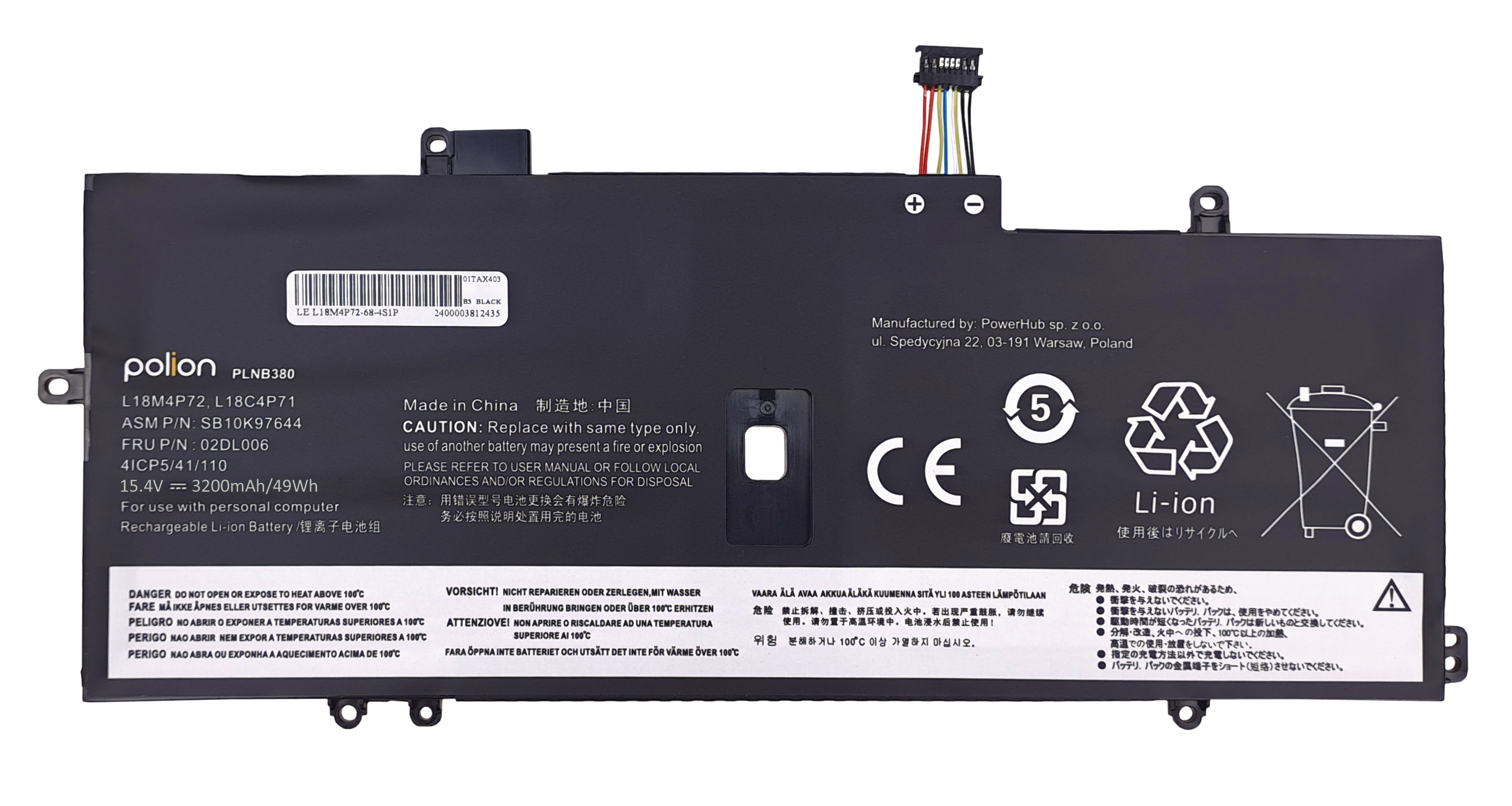 Czarna bateria do laptopa z etykietami i ostrzeżeniami. Zawiera złącze i symbole recyklingu.