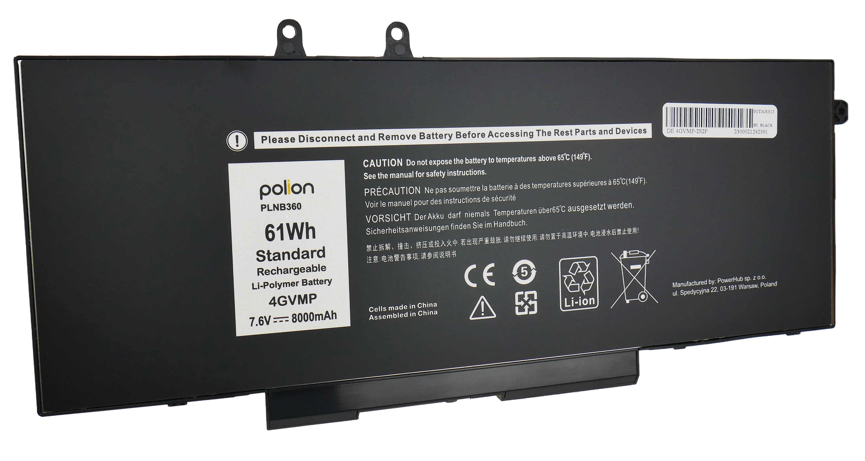 Czarna bateria do laptopa z białym tekstem i symbolami. Zawiera ostrzeżenia dotyczące bezpieczeństwa i informacje o marce.