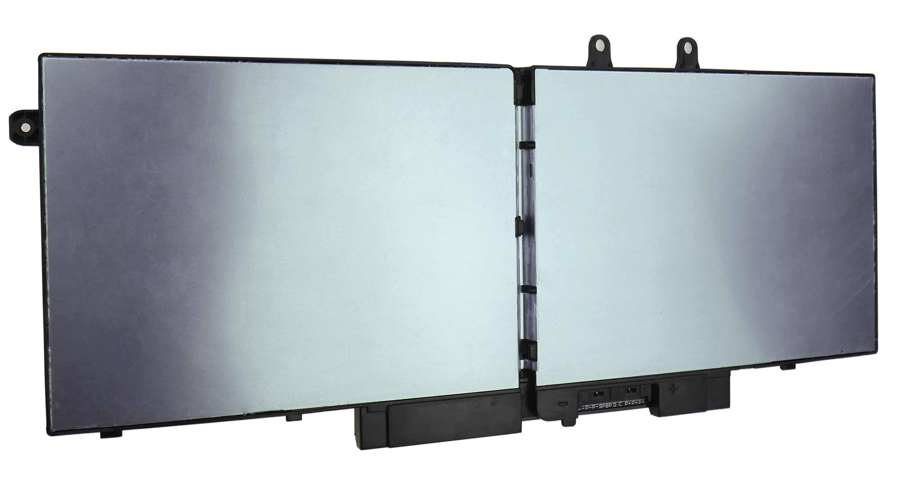 Prostokątna, srebrna bateria do laptopa z czarną plastikową ramą. Dwa srebrne panele połączone są czarnym zawiasem.