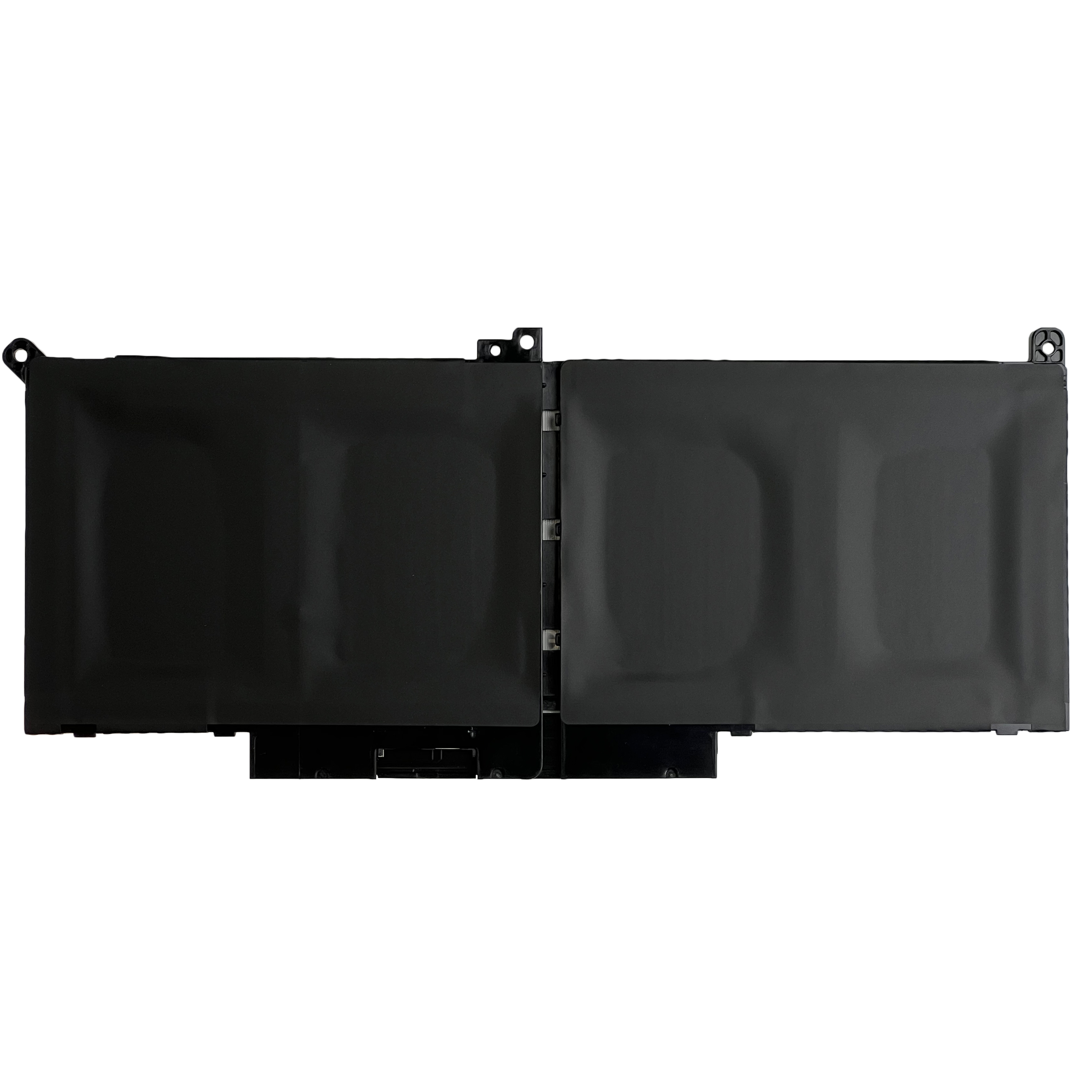 Czarna bateria do laptopa na białym tle. Ma dwie główne sekcje i kilka punktów połączeń.