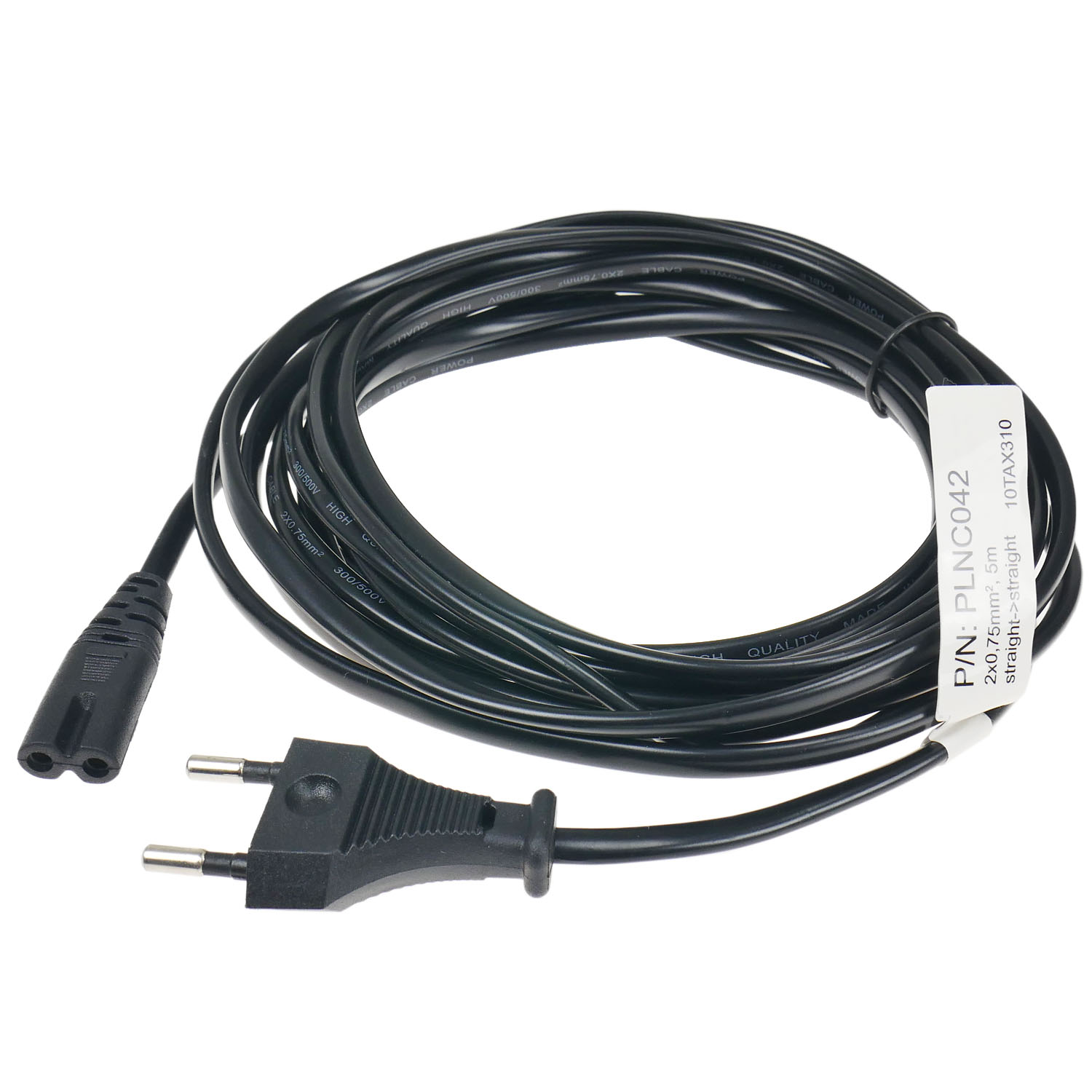 Czarny kabel zasilający z dwupinową wtyczką i żeńskim złączem. Biała etykieta z tekstem jest przymocowana do kabla.