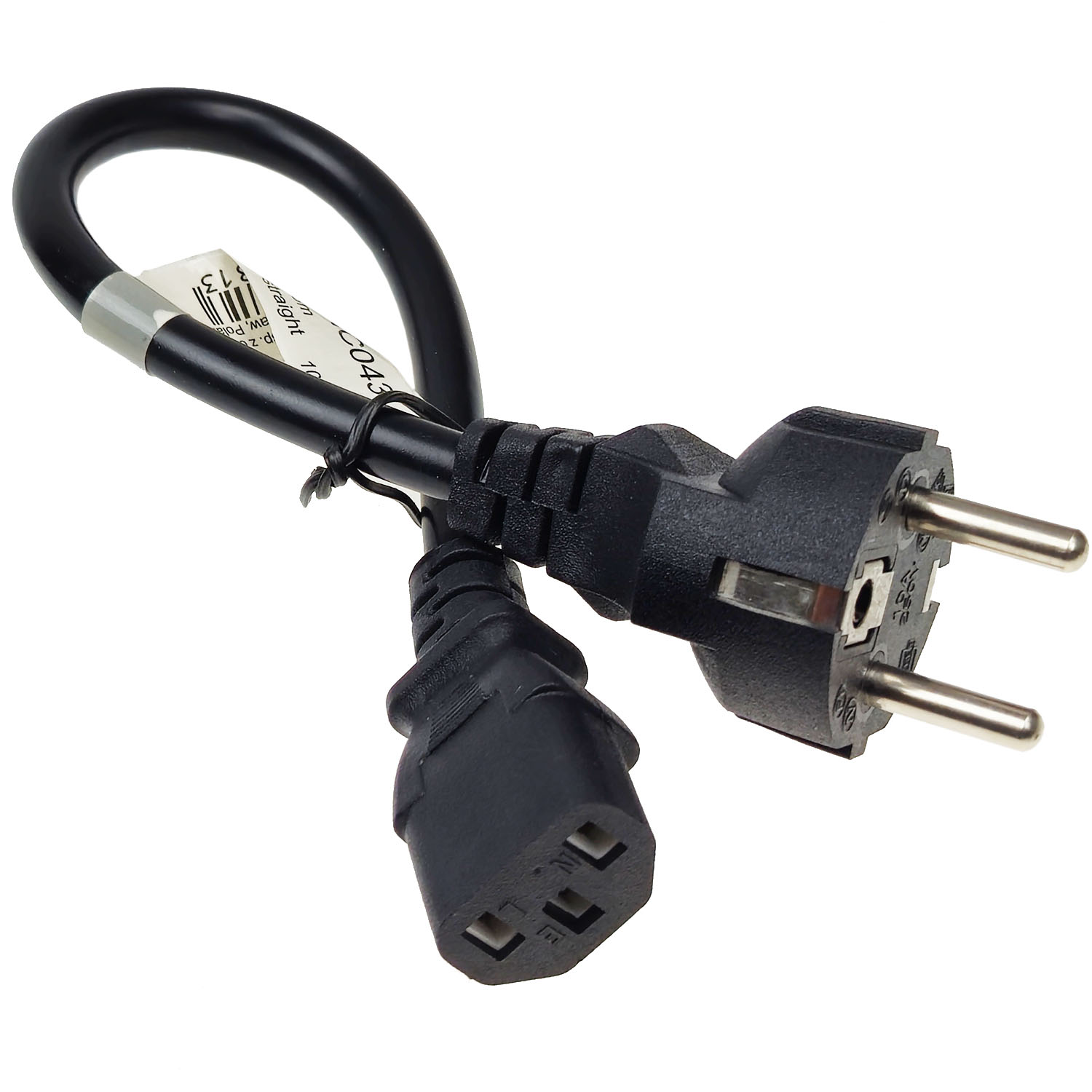 Czarny kabel zasilający z wtyczką europejską na jednym końcu i gniazdem żeńskim na drugim, na białym tle.