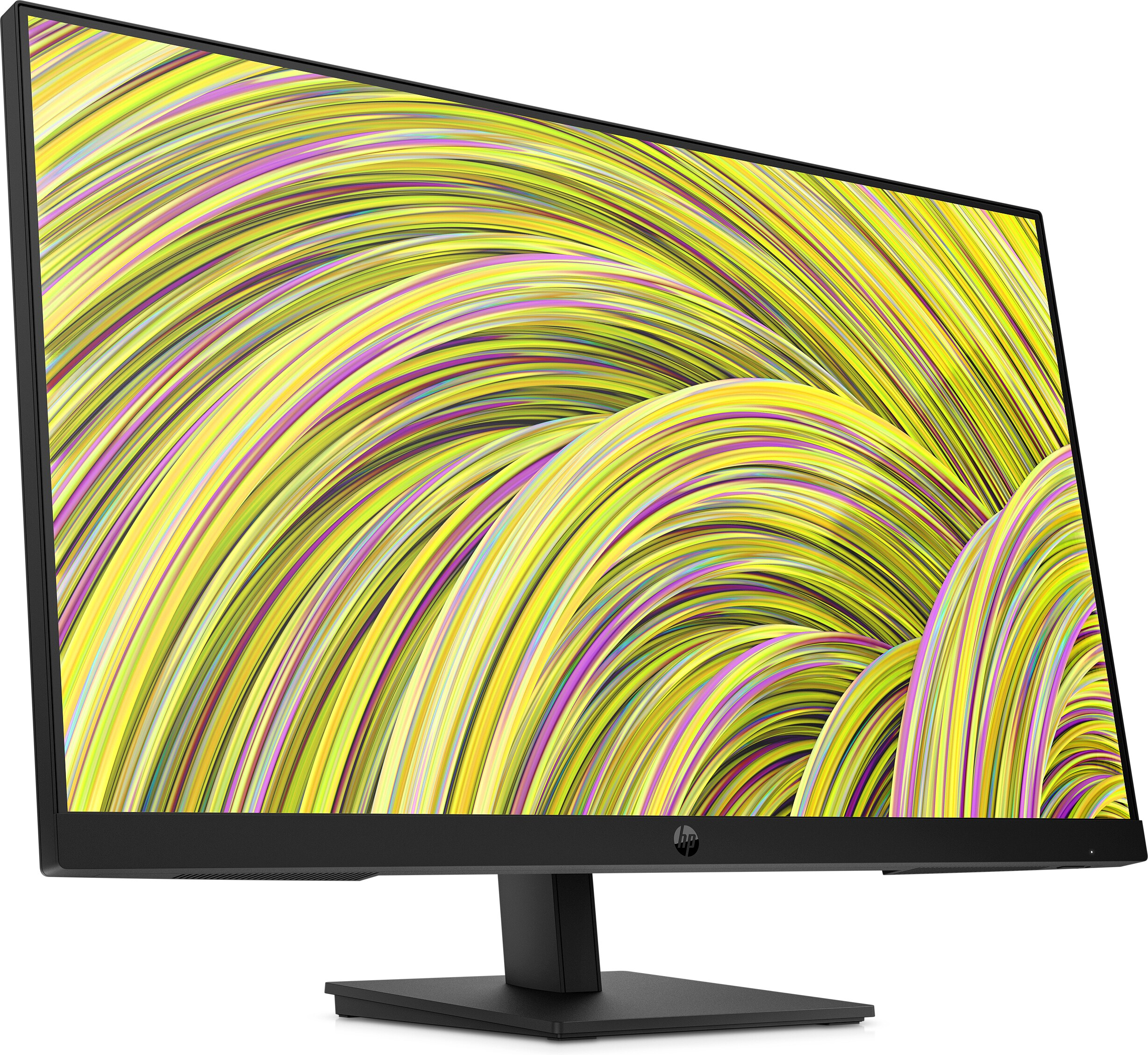 Il monitor HP nero mostra linee astratte gialle, viola e verdi. La base e la cornice sono nere, su sfondo bianco.