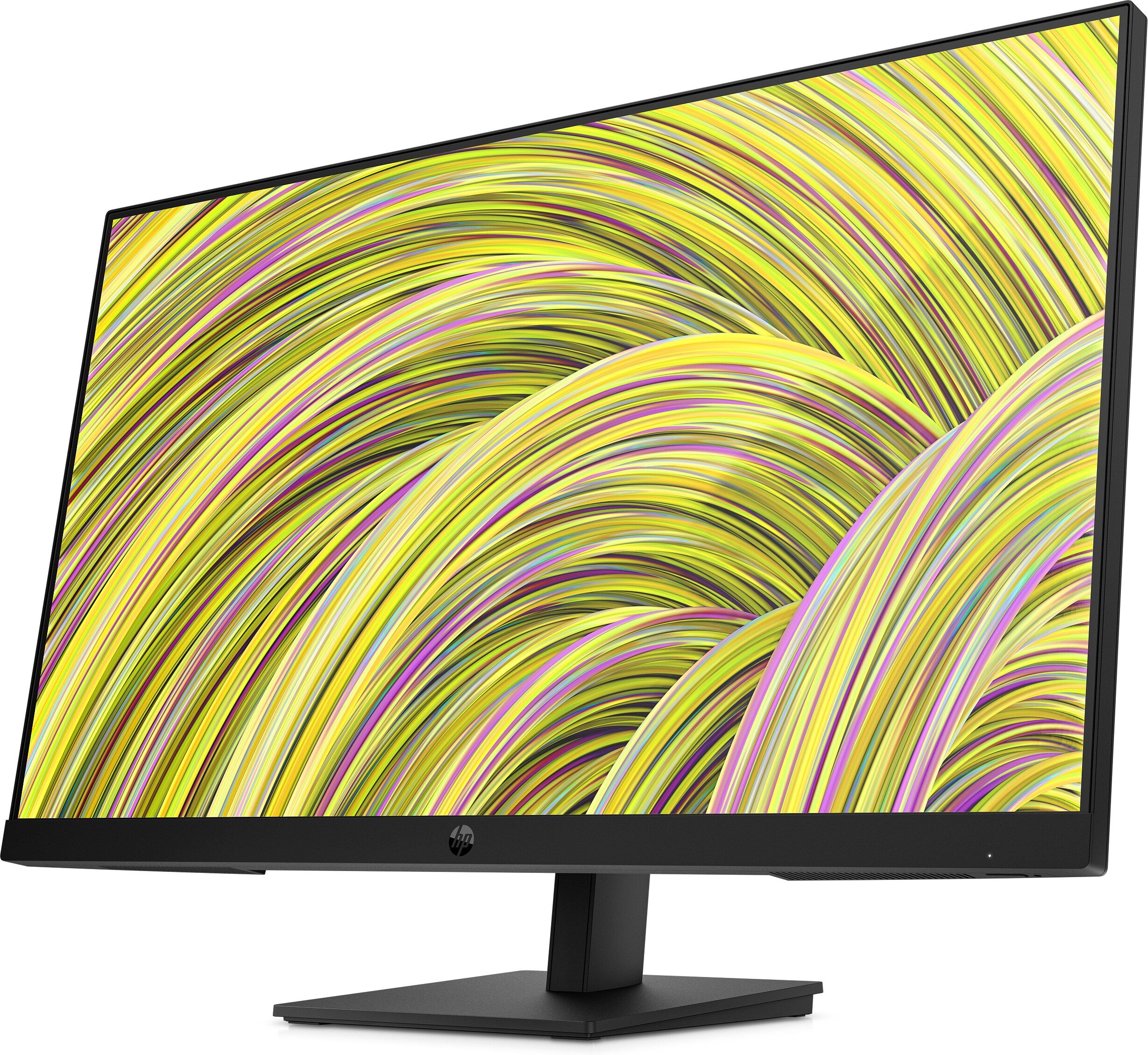 Un monitor HP nero mostra un motivo ondulato astratto e colorato. Il monitor è su un supporto nero.