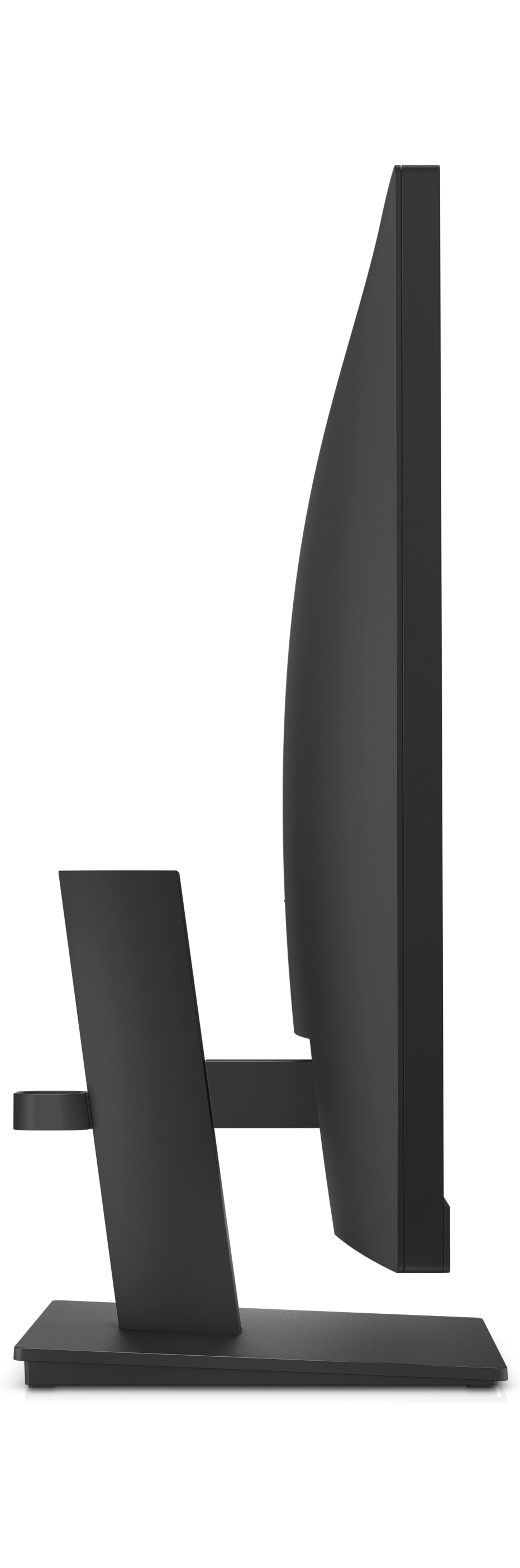Vista laterale di un monitor per computer nero. Lo schermo è curvo. Anche il supporto è nero e ha un design unico.