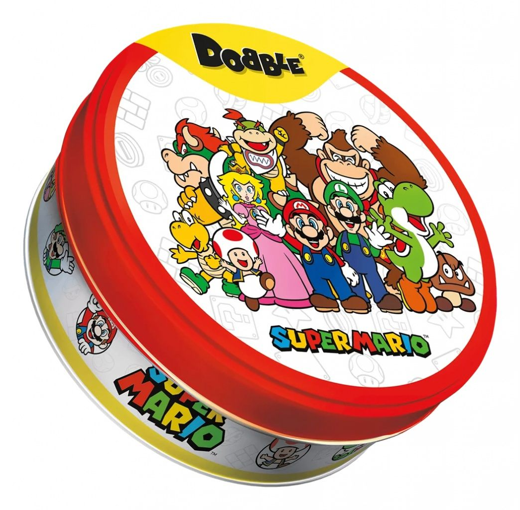Una scatola di gioco Dobble Super Mario con vari personaggi. Bordo rosso, interno bianco e coperchio giallo. I personaggi includono Mario, Luigi e altri.