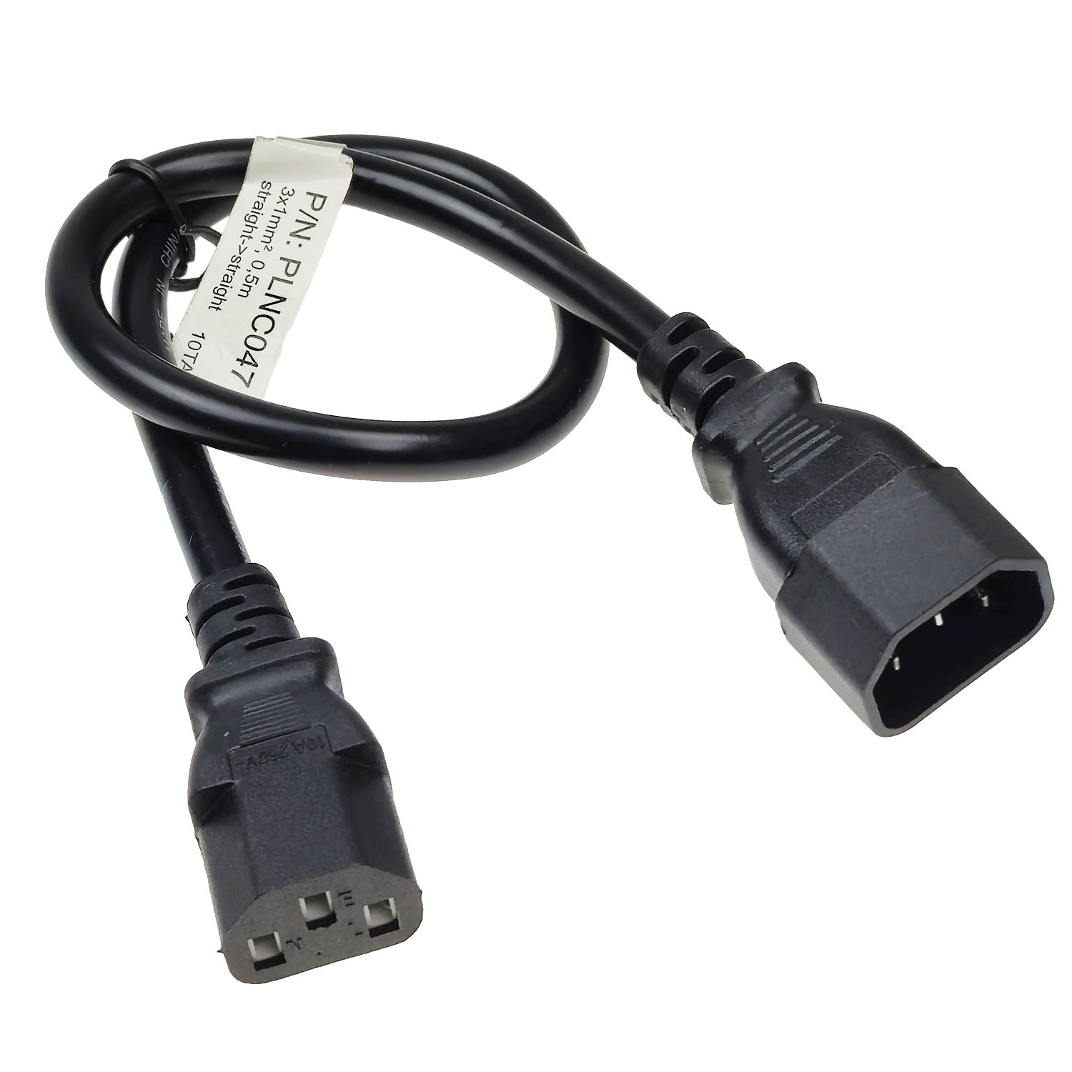 Czarny kabel zasilający z dwoma złączami, oznaczony PLN C047. Kabel jest pętlą i na białym tle.