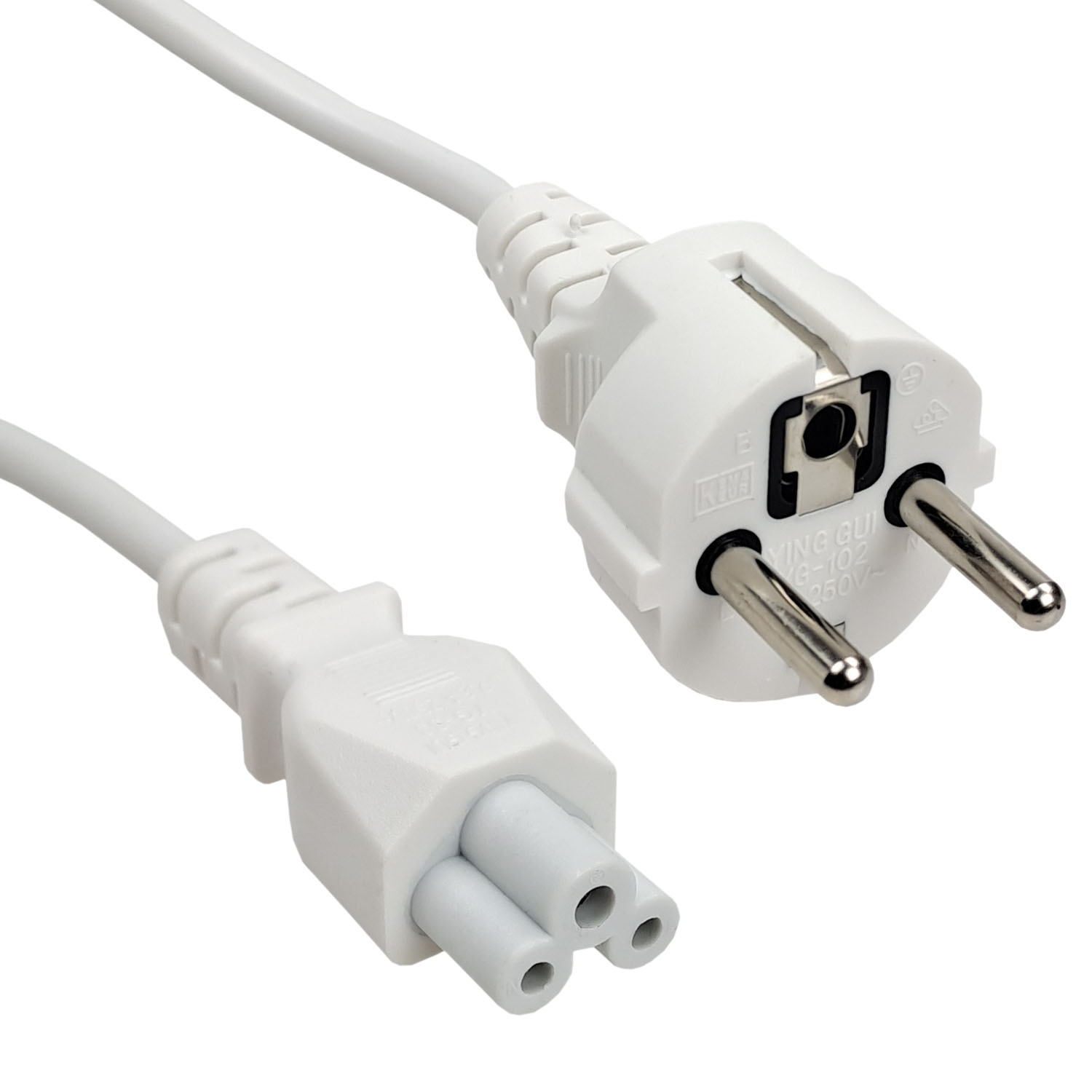 Biały kabel zasilający z wtyczką europejską i trójbolcowym złączem.