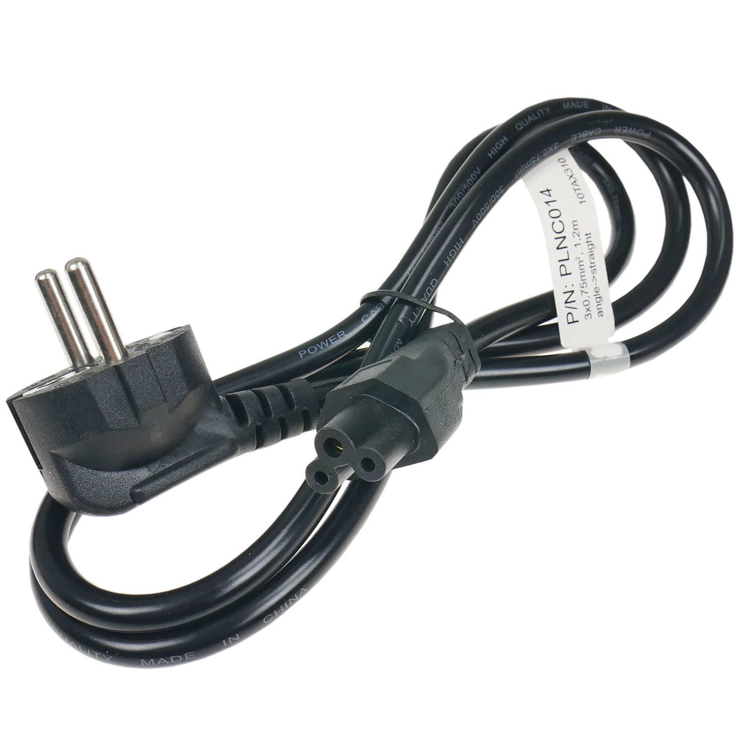 Czarny kabel zasilający z wtyczką europejską i trójbolcowym złączem. Biała etykieta z tekstem jest przymocowana do kabla.