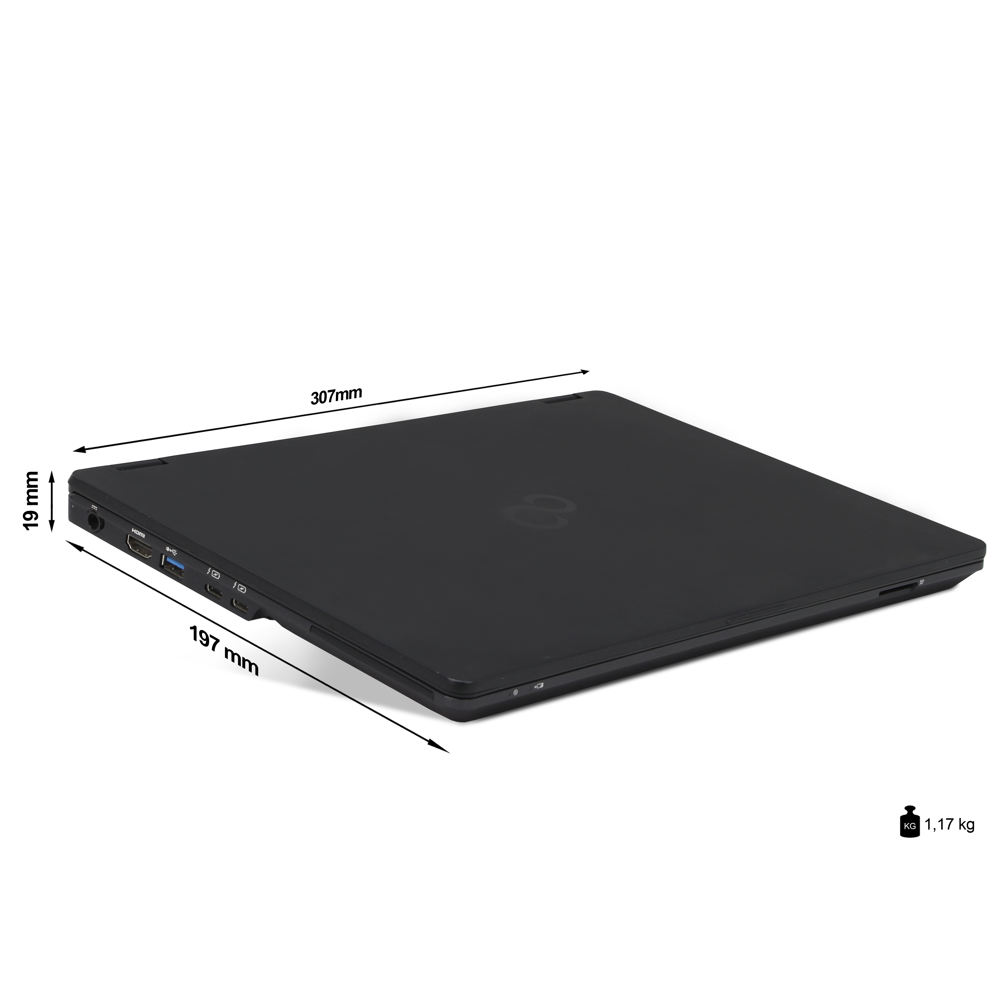 Un portátil negro cerrado con dimensiones indicadas. Pesa 1,17 kg. El logo de la marca está en la tapa.
